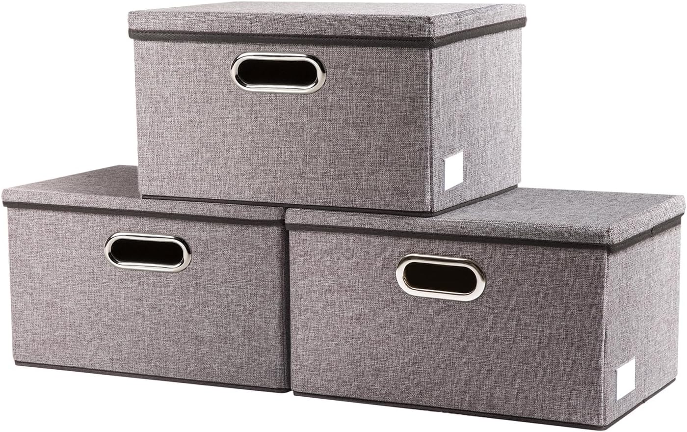 PRANDOM Storage Bins with Lids [3-Pack] Linen Fabric Foldable Storage Boxes Organizer Containers Baskets Cube with Cover for Home Bedroom Closet Office Nursery Grey（11.4X8.6X6.7