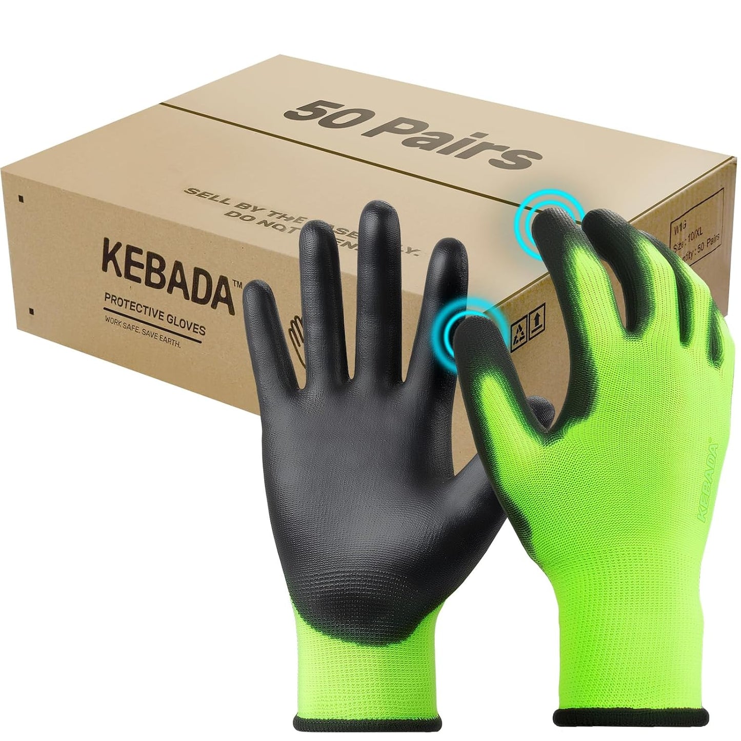 Kebada W1 Work Gloves for Men and Women, Touchscreen PU Coated Gloves with Grip, 50 Pairs Bulk Pack, Ideal for Warehouse Package Handling, Construction, Gardening, Green XX-Large