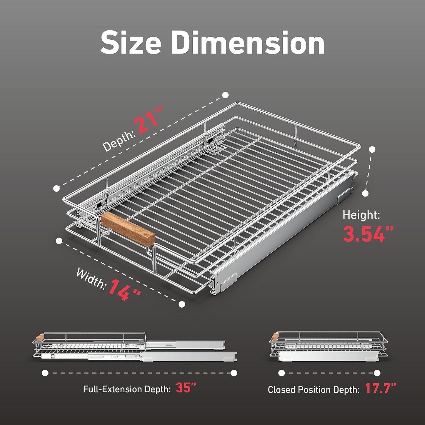 Pull Out Cabinet Organizer(14" W x 21" D), Heavy Duty Slide Out Pantry Shelves, Storage Shelf Drawer Basket for 15-1/4” Cabinet Opening, Pull Shelf Storage for Pots, Chrome