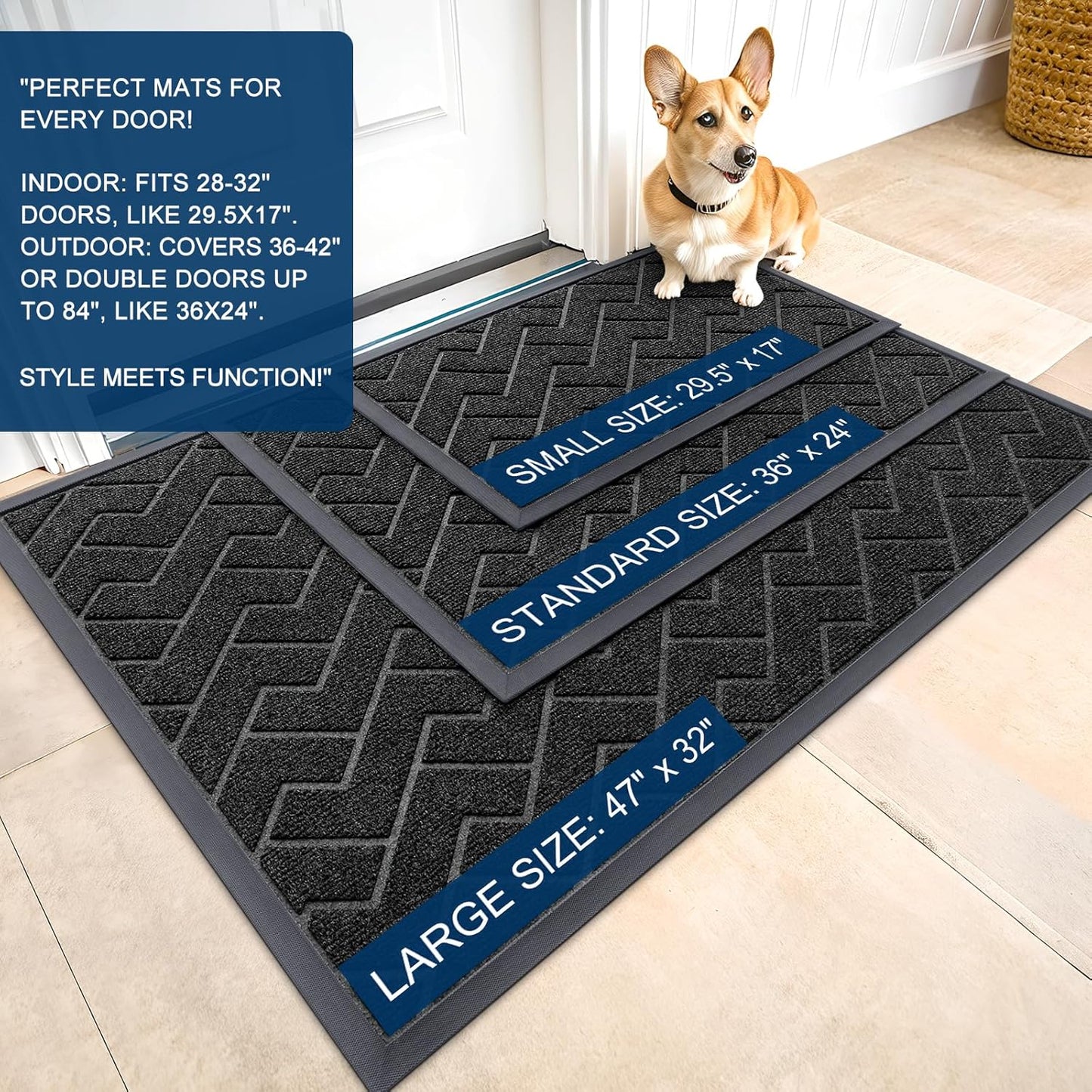 OLANLY Front Door Mat Indoor Outdoor Entrance, Waterproof All-Season, All-Weather Doormat, Sturdy Natural Rubber, Low Profile, Easy Clean Patio Porch Entryway Mat, Herringbone Brick (Black, 59x35)