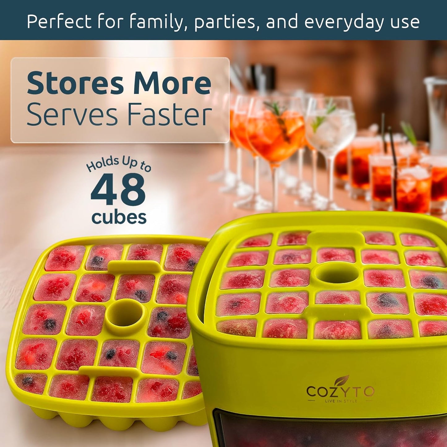 COZYTO CubeGo Ice Cube Tray with Lid and Storage Bin – One-Press Release, 48 Mini Ice Cubes, BPA-Free, Odor-Proof, Includes Scoop – DIY Fruit Ice for Cocktails, Drinks & Smoothies (Avocado Green)