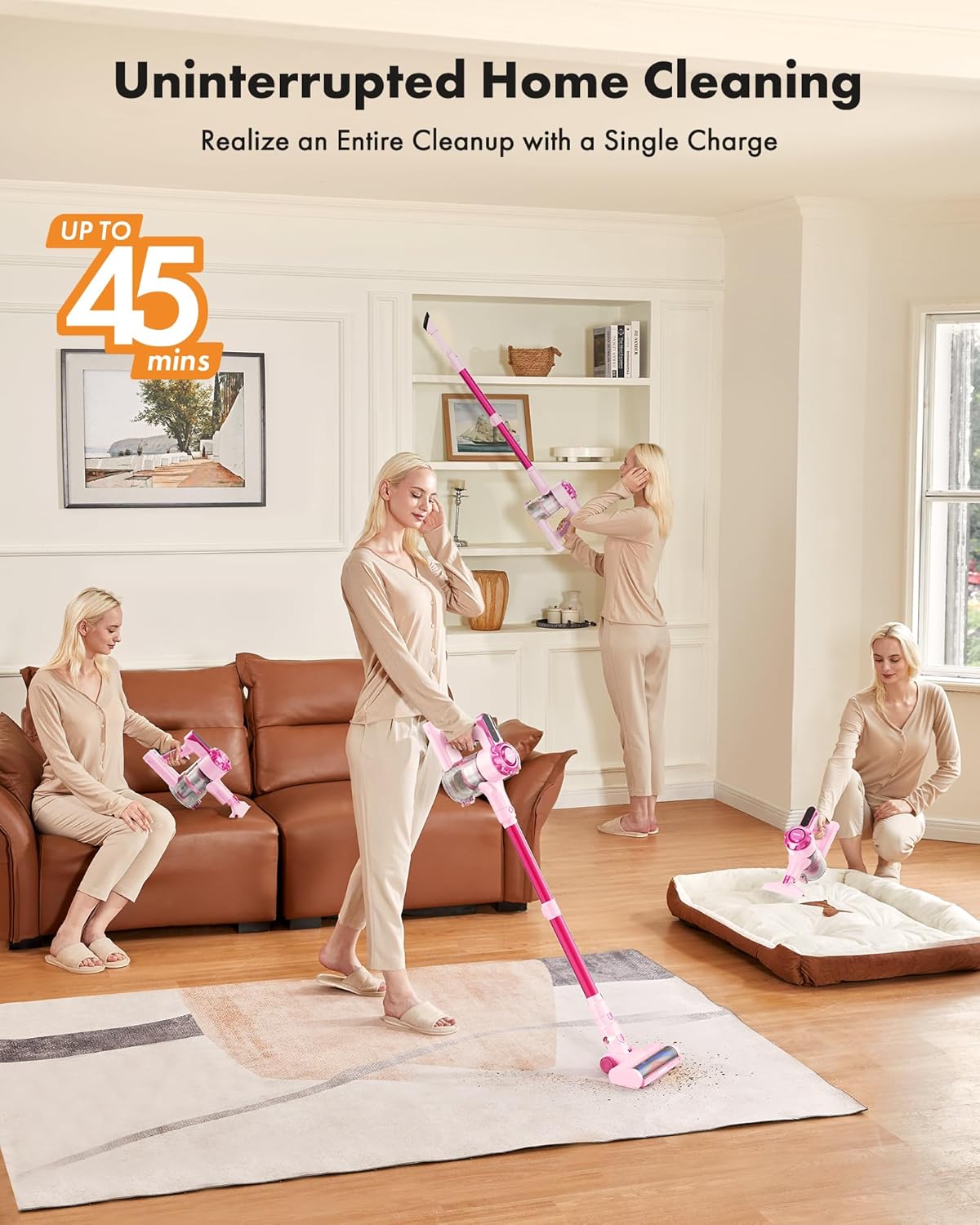 Trucozie Cordless Vacuum Cleaner, 8-in-1 Lightweight Stick Vacuum with 45mins Runtime, Powerful Suction, Rechargeable Cordless Vacuum for Carpet, Tile, Pet Hair, Hardwood Floors, Pink