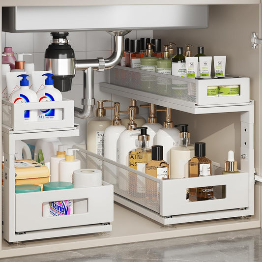 2 Pack 18.5IN-Depth Under Sink Organizer With Next-Gen Ball-Bearing Slides,2-Tier Pull Out Cabinet Storage,Height Adjustable Drawer Shelf for Bathroom,Kitchen,Laundry,Cabinet,Pantry-White