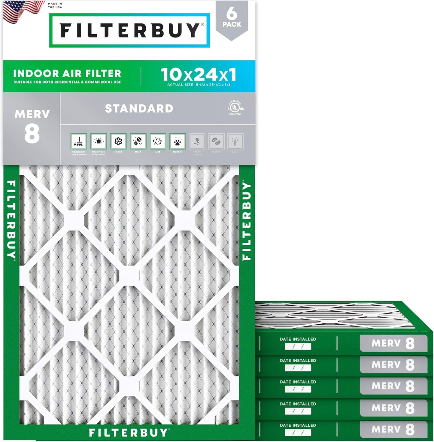 Filterbuy 10x24x1 Air Filter MERV 8 (MPR 700) Dust Defense Replacement (6-Pack), Electrostatic Pleated HVAC AC Furnace Filters, Made in USA (Actual Size: 9.50 x 23.50 x 0.75)