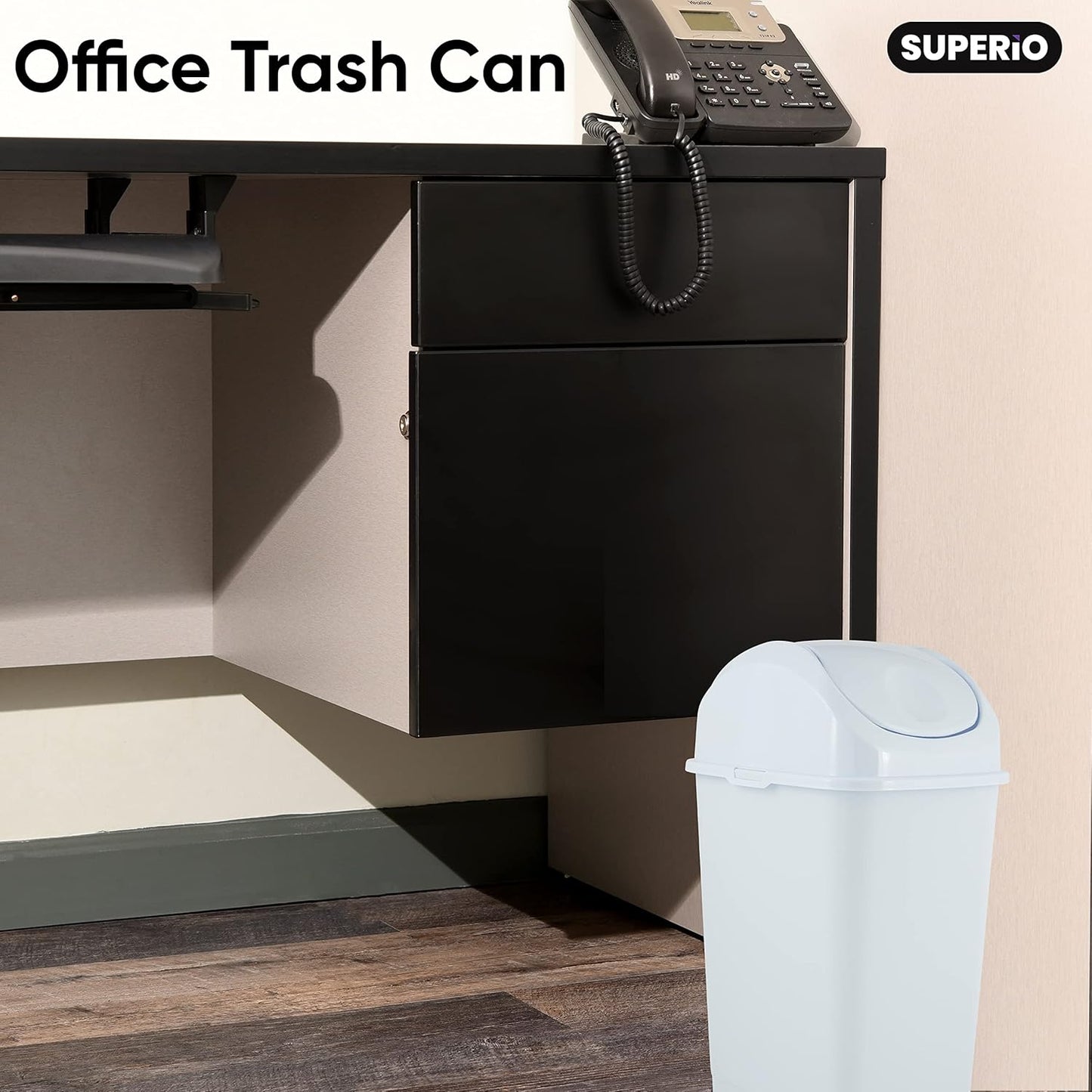 Superio Small Plastic Trash Can with Swing Top Lid, Compact Slim Waste Bin for Under Desk, Office, Bedroom, Bathroom, Dorm Room, 10 Qt. Portable Garbage Can 2.5 Gallon (White, 2 Pack)