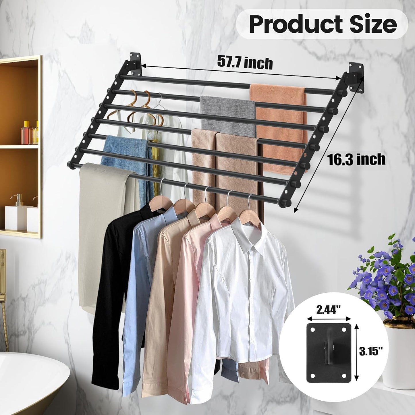 Wall Mounted Clothes Drying Rack 57 Inch – Foldable Laundry Drying Rack for Wall Mount, Space Saving Indoor Drying Rack for Clothes, Compact & Sturdy Design