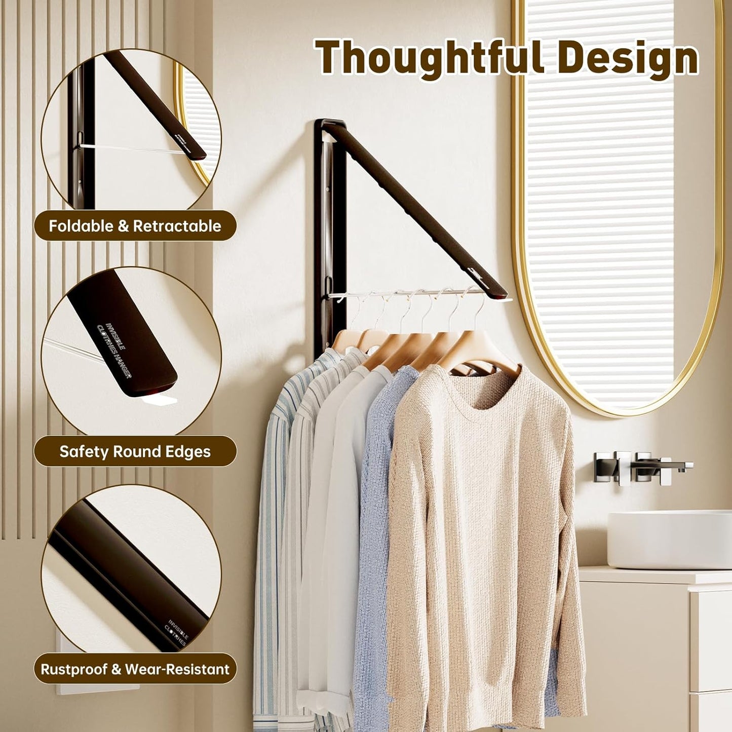 Clothes Drying Rack, Laundry Room Wall Mounted Retractable Clothes Hanger Drying Rack, Laundry Clothing Drying Rack Folding Indoor or Outdoor, Easy Installation Aluminium Dryer, 2pcs(Black)