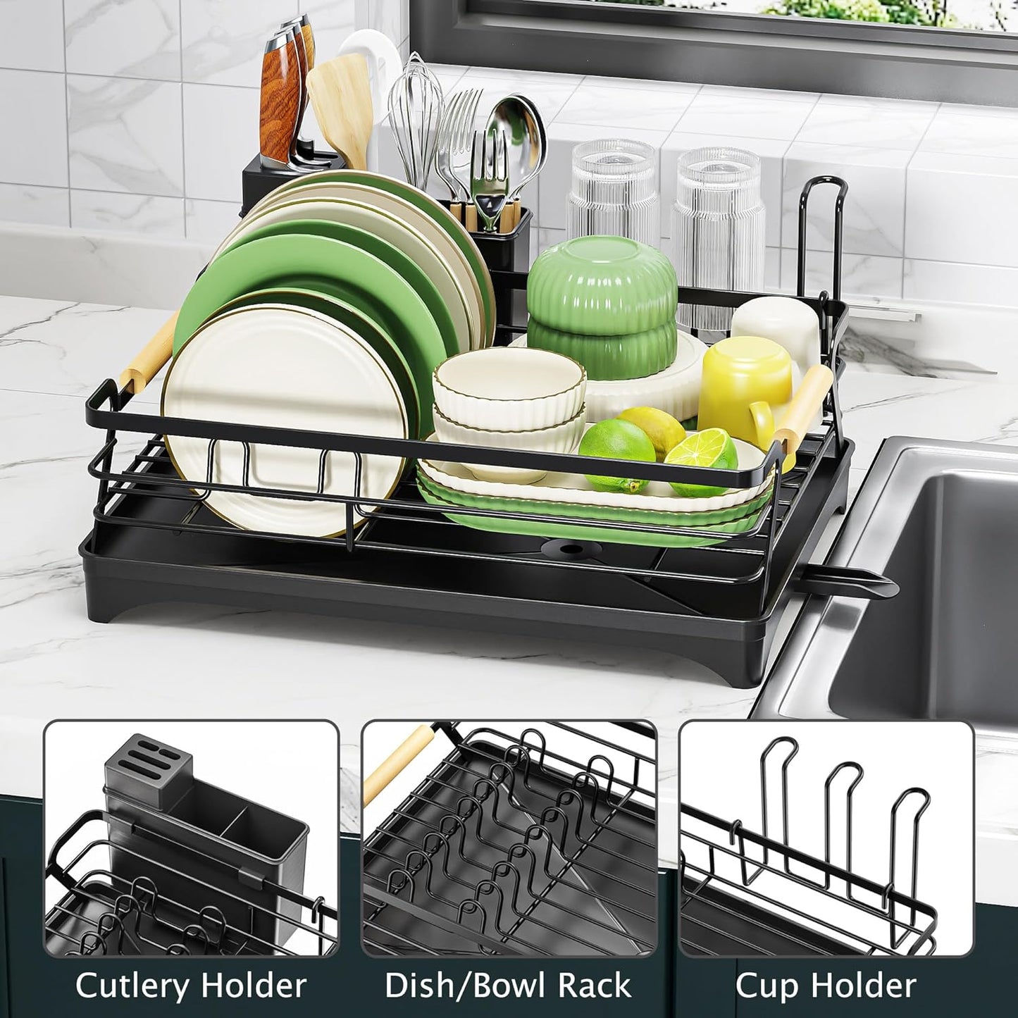 Epicano Dish Drying Rack for Kitchen Counter,Space-Saving Dish Rack,Rustproof Dish Drainer with Utensil Holder and Knife Slots for Sink,Kitchen Drying Rack with Wooden Handle and Cup Holder, Black