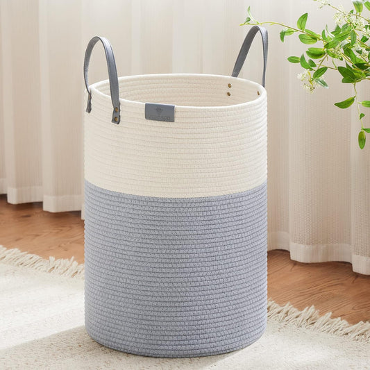 VIPOSCO Tall Laundry Basket, Large Dirty Clothes Hamper with Leather Handle, Woven Rope Storage Basket for Blanket, Toy In Living Room, Bathroom, Bedroom - 72L Grey & White