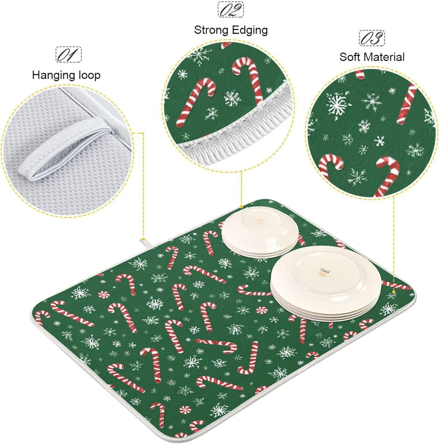 Christmas Candy Cane Dish Drying Mat for Kitchen Countertop 18x24 Winter Snowflake Green Xmas Large Drying Mat Reusable Quick Dry Dish Sink Mats Easy Clean Decorative Essentials