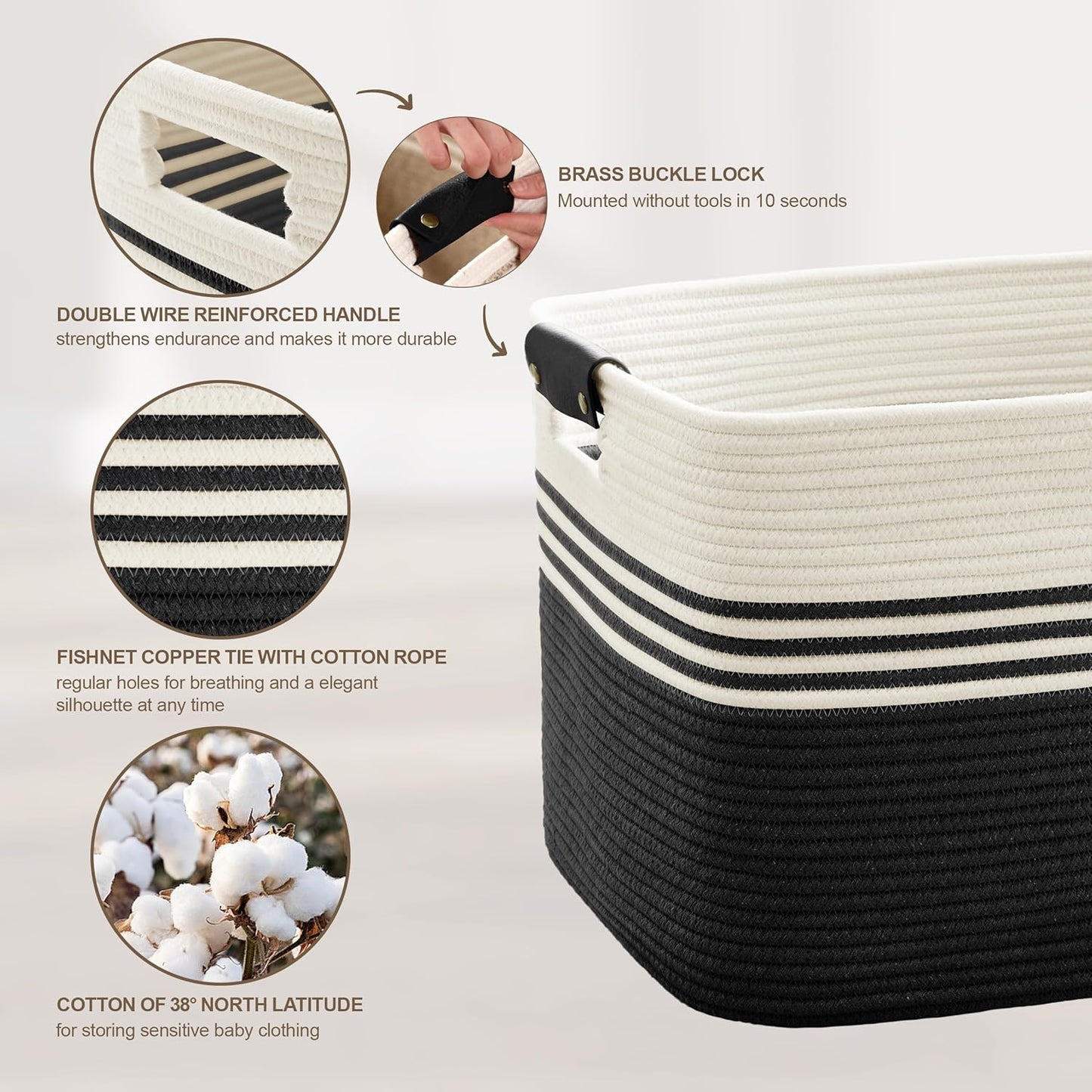 86L Extra Large Laundry Basket with Leather Handles for Living Room Storage, Woven Rope Baskets for Blanket, Kids Toy, Gifts, Wicker Hamper for Bedroom Dirty Clothes, 24"x16"x14" White Black