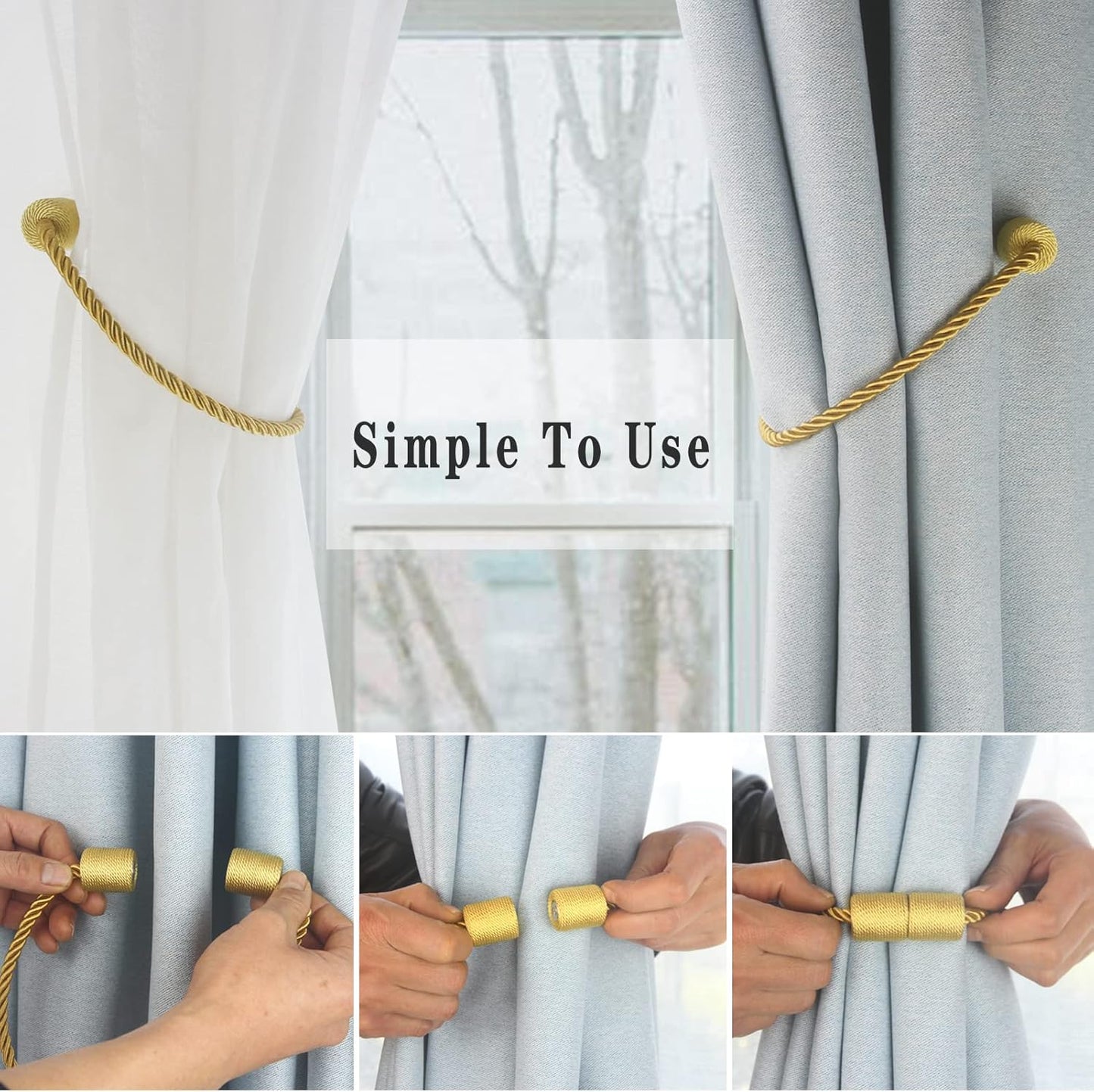Magnetic Curtain Tiebacks 4 Pack Gold Curtain Rope Tieback Curtain Holders for Drapes Modern Tie Backs Decorative Curtain Holdbacks