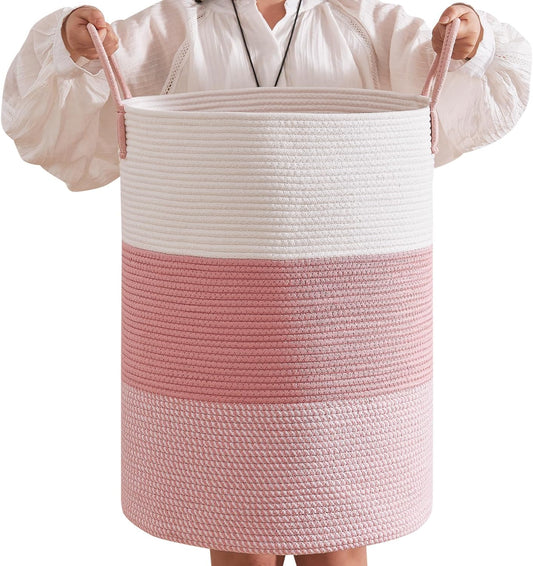 CLHMILY&Z 80L Laundry Basket Round Storage Rope Basket - 16.5x22.5 Inches - Pink Hamper in Bedreoom and Cute Storage Bin for Blankets, Toys, and Nursery Essentials
