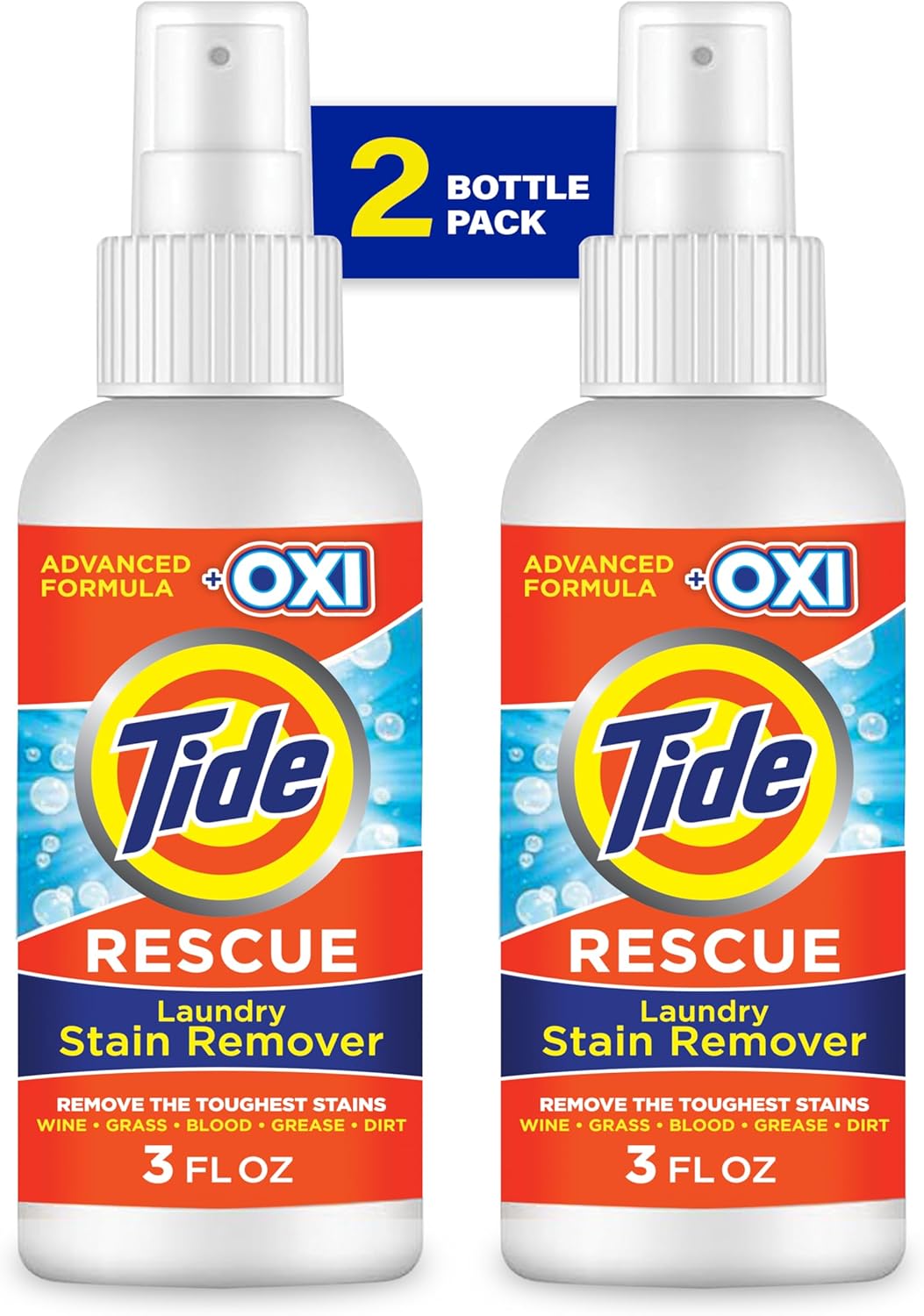 Tide Laundry Stain Remover Spray with Oxi, Travel Stain Remover for Clothes, Carpet, Upholstery, Pet Bedding, Stain Treater Spray for Tough Stains from Wine, Coffee, Grease, 3 Oz (Pack of 2)