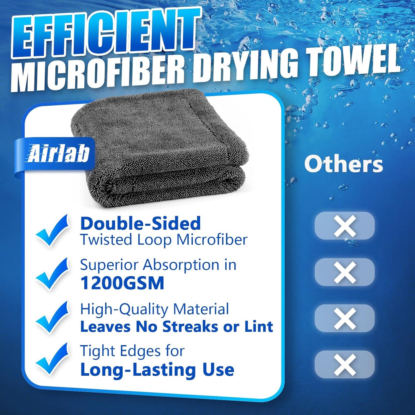 Airlab Car Drying Towel Microfiber Towels for Cars 1200 GSM Wash Auto Detailing Supplies Twist Pile Cleaning Cloth Absorbent Quick Dry Soft Loop Dry Flash Towel, 24 x 16 Inch, Pack of 1, Grey