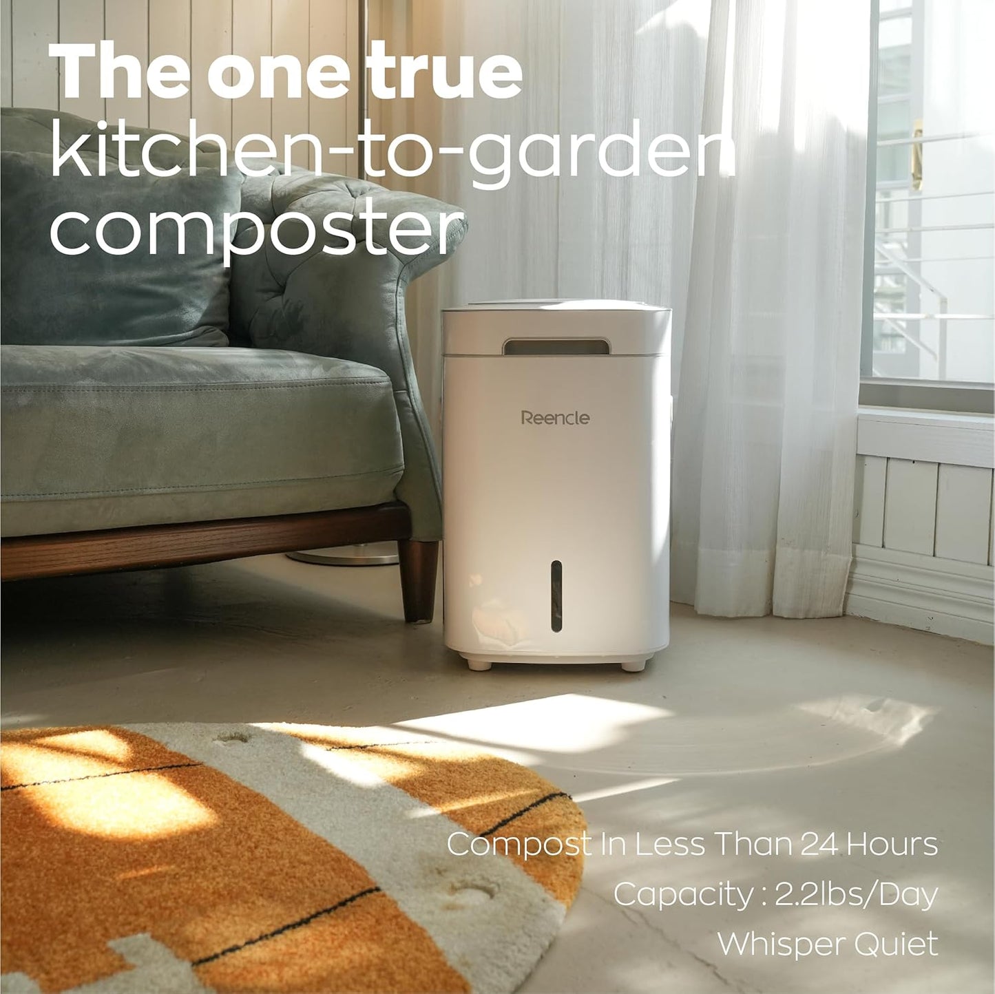 Reencle Prime Electric Composter - 14L Kitchen Composter, Decomposes Up to 2.2 lbs Food Waste Daily, Odorless Indoor Composting with Whisper-Quiet Technology & Rapid Decomposition (White)