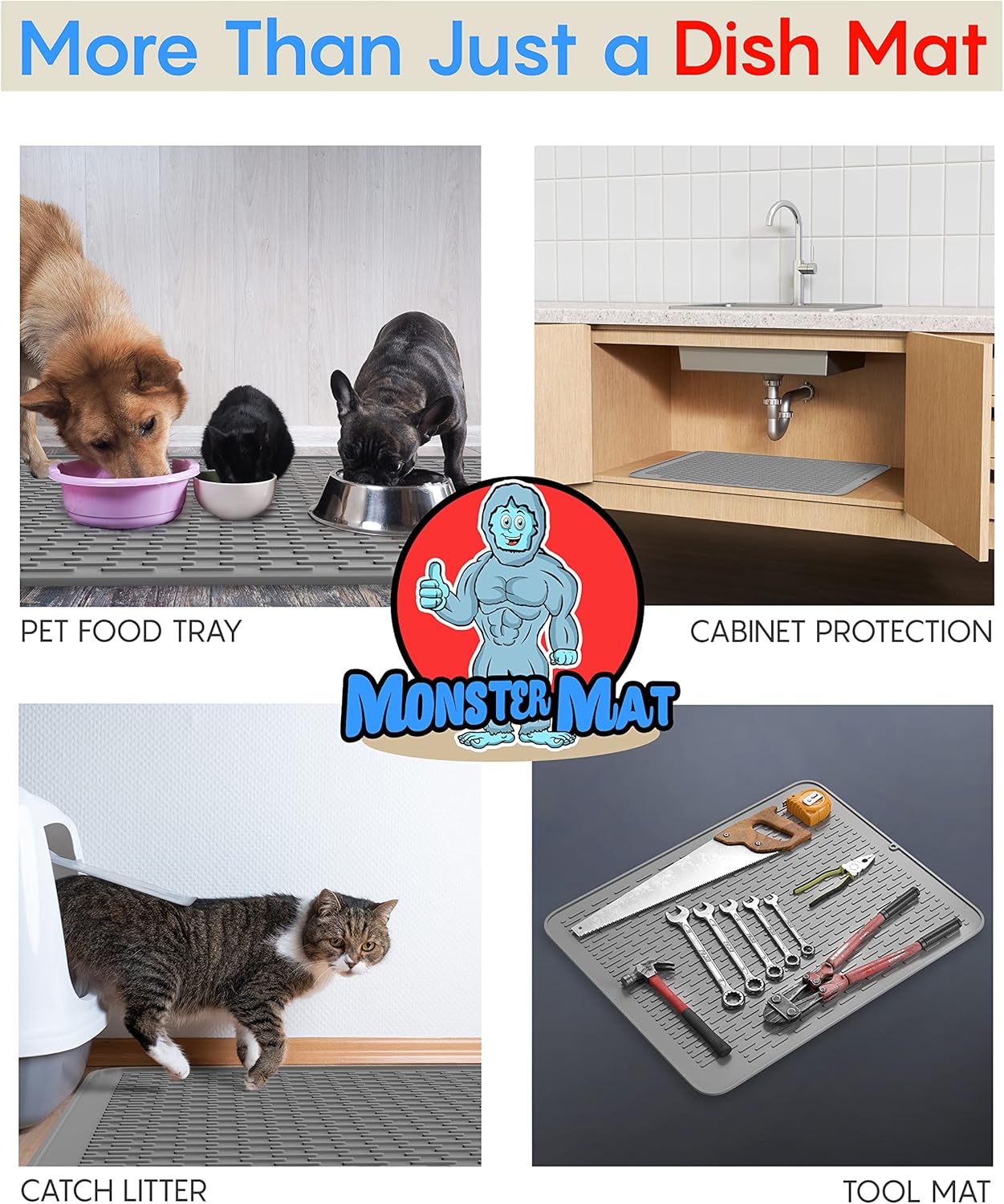 Monster Mat Extra Large Silicone Dish Drying Mat (30"x24") – Heavy Duty & Fast-Drying Silicone Mat - Non-Slip XL Dish Drying Mat For Kitchen Counter - Gray