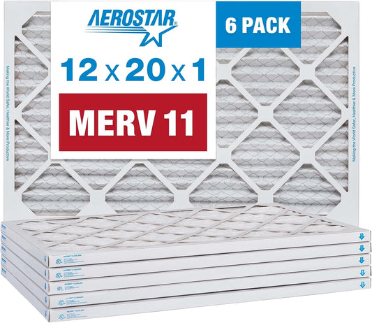 Aerostar 12x20x1 MERV 11-6 Count - Pleated Furnace & Air Conditioner Filters - Removes Dust, Cold & Flu Germs, Lint, Mold, Pet Dander, Allergy-Causing Pollen, Smog & Smoke