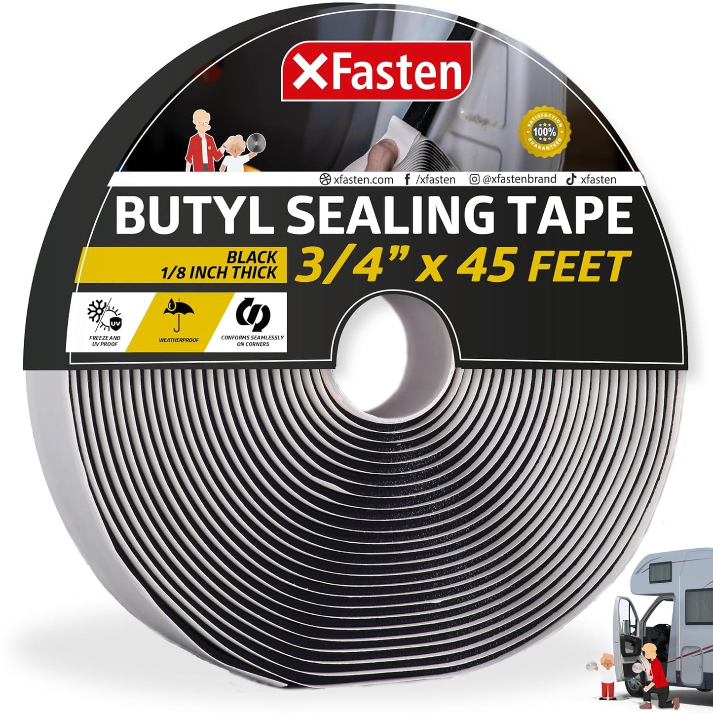 XFasten Butyl Tape RV Black, 3/4 in x 45 Ft, 1/8 in Thick EDPM Rubber Sealant Tape - Roof Patching, Boat Sealing, Leak Proof Butyl Putty Tape