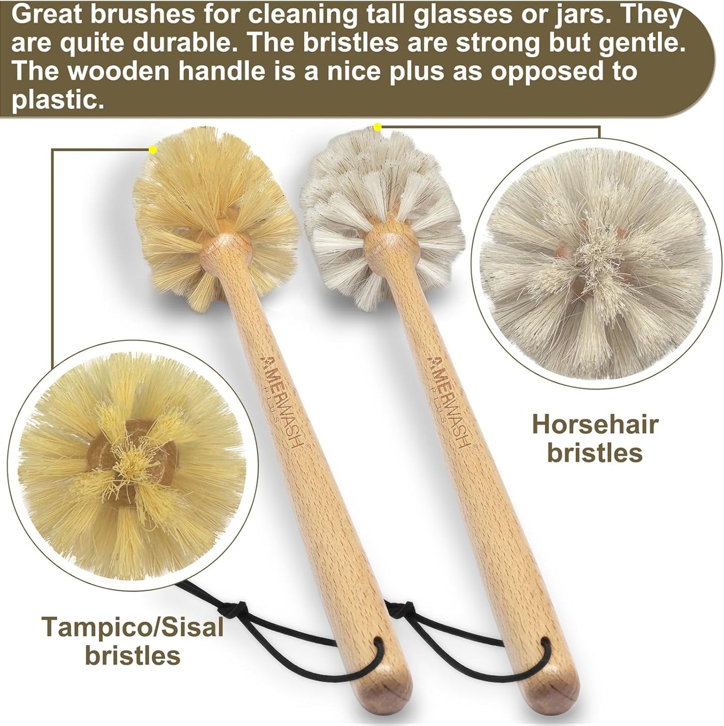 Bottle Brushes with Natural Bristles, 13-3/4 Inch Long Wood Handle Bottle Brush Cleans and Scrubs Wide Mouth Jars, Glasses, Vases, Mugs and Pitchers, Sisal + Horsehair Bristles 2 Pack