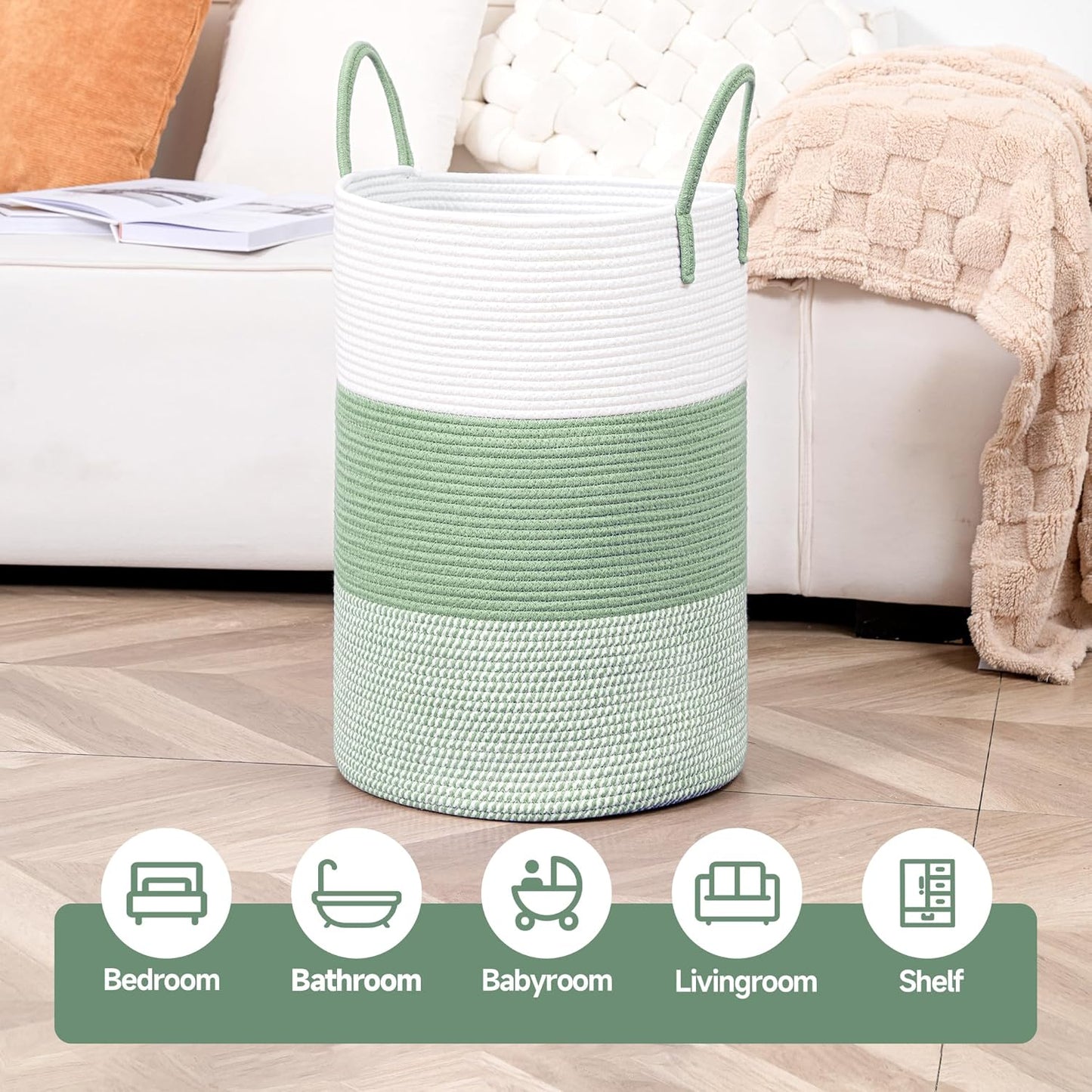 CLHMILY&Z 60L Laundry Basket Round Storage Rope Basket - 15x20.5 Inches - Green Hamper in Bedreoom and Cute Storage Bin for Blankets, Toys, and Nursery Essentials
