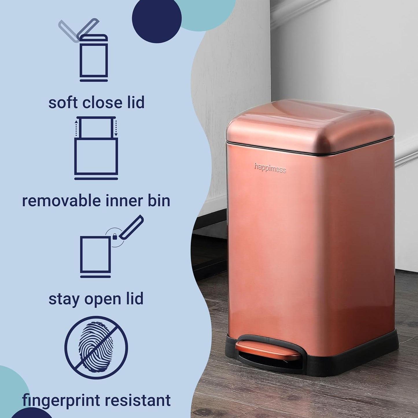 happimess HPM1012D Betty Retro Mini 3.2-Gallon Step-Open Trash Can with Soft-Close Lid, Modern, Minimalistic, Fingerprint Proof for Home, Kitchen, Laundry Room, Office, Bedroom, Bathroom, Rose Gold
