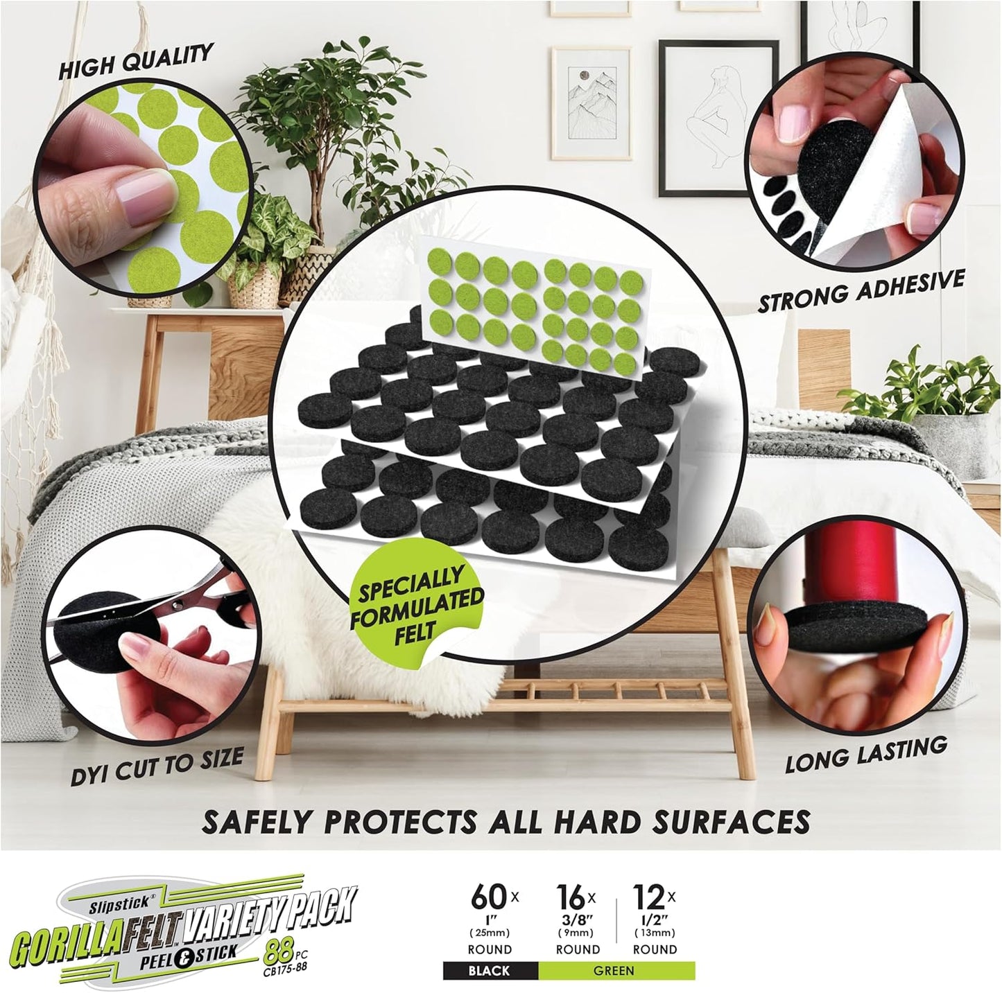 Slipstick Gorilla Felt 1 Inch Furniture Pads (88 Piece Combo) Premium Furniture Pads & Chair Leg Floor Protectors for Hardwood Floors & Hard Surfaces