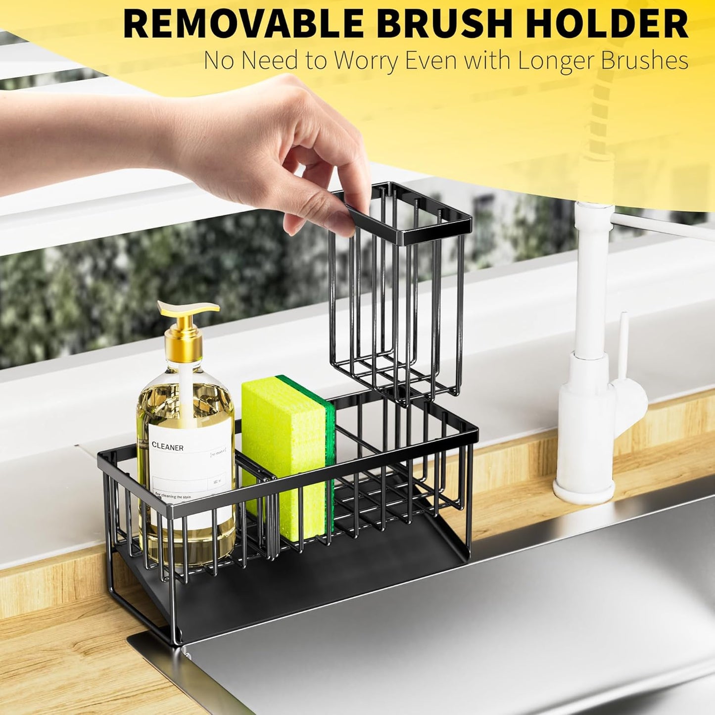 Cisily Kitchen Sink Caddy Organzier with High Brush Holder, Sponge Holder for Sink, 304 Rustproof Stainless, Kitchen Countertop Soap Dispenser Organizer, Kitchen Decor and Accessories