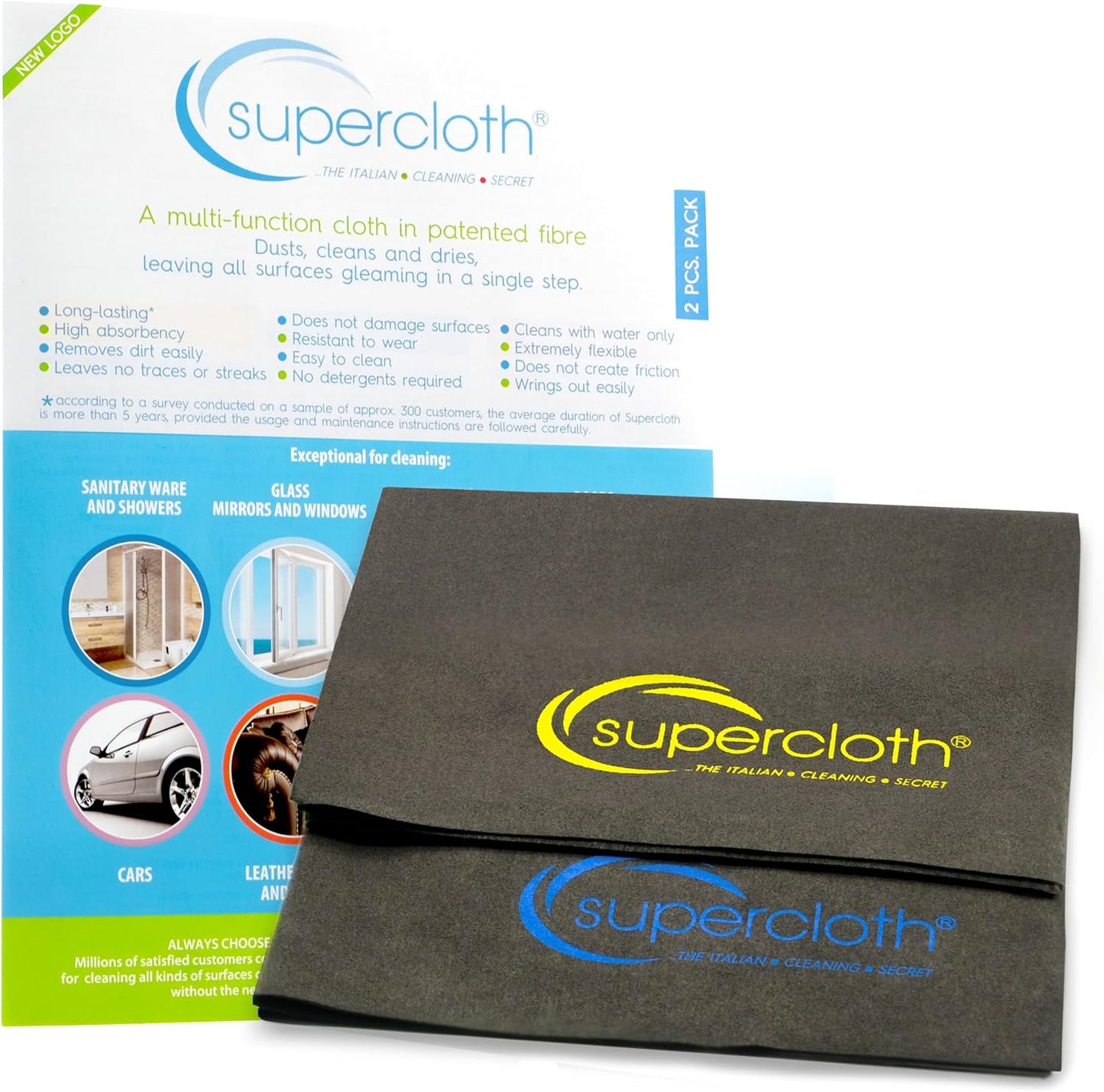Supercloth® Premium Microfiber Cleaning Cloth for All-Purpose, Lasts Over 5 YEARS, Glasses Cleaning Cloth, Microfiber Cleaning Cloth for Cars, Magic Reusable Cloth Streak-Free 100% Made in Italy (2pk)