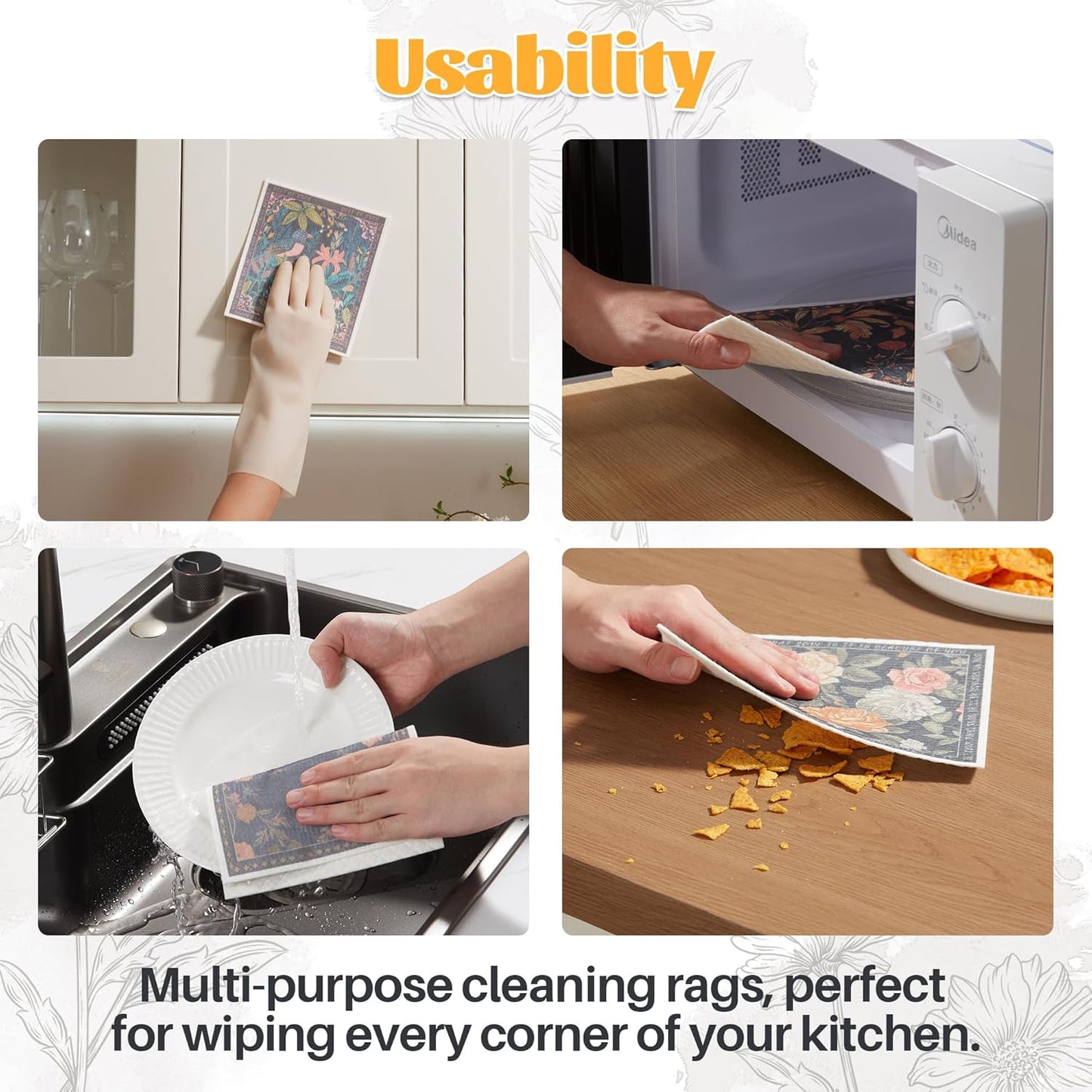 JOYMOOP 12 Pack Decorate Cleaning Cloth (Simple Floral of Decorative Series), Reusable Absorbent Dish Towels, Non-Scratch Washable Rags for Cookware, Kitchen and Household Cleaning - 6.7×7.9 inch