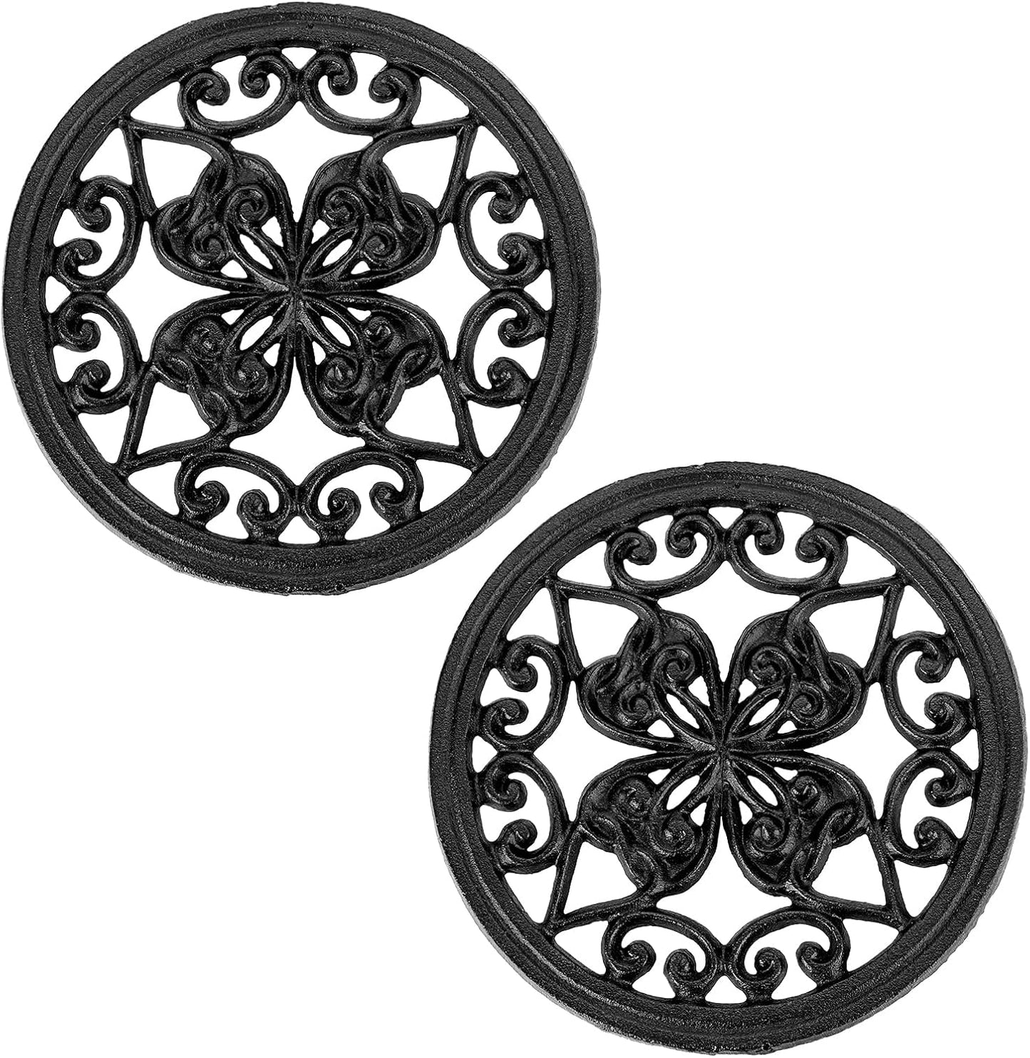 JUXYES 2 PCS Decorative Cast Iron Metal Trivet with Rubber Feet, Vintage Heat Resistant Iron Mat for Hot Dish Pot Pan Plate Teapot, Round Trivet Mat Hot Pot Holder Pads for Kitchen Or Dining Table