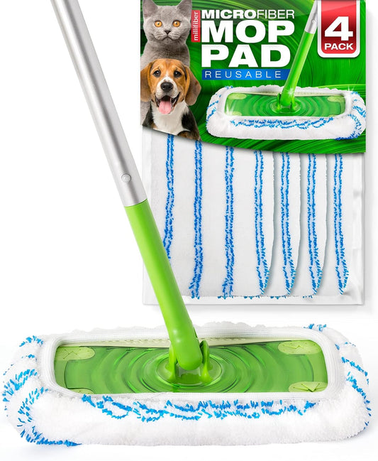 Microfiber Reusable Mop Pads Compatible with Swiffer Sweeper (4-Pack) Washable Mop Pads for Wet & Dry Use (Handle is Not Included)