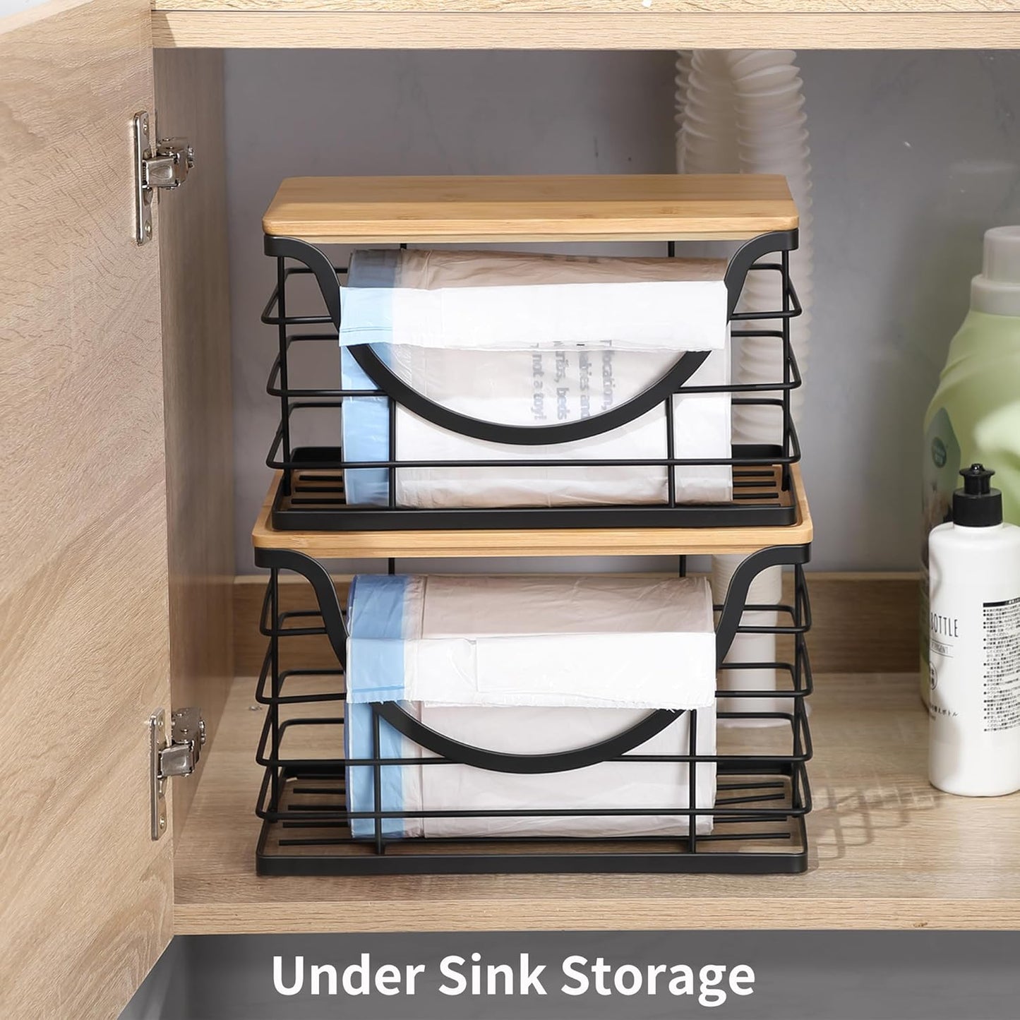 Extra Large Trash Bag Holder Under Sink 2 Pack Stackable Kitchen Storage with Bamboo Lid, Garbage Bag Dispenser Roll Holder, Pantry Organizers Wall Mounted Laundry Room Organization Storage