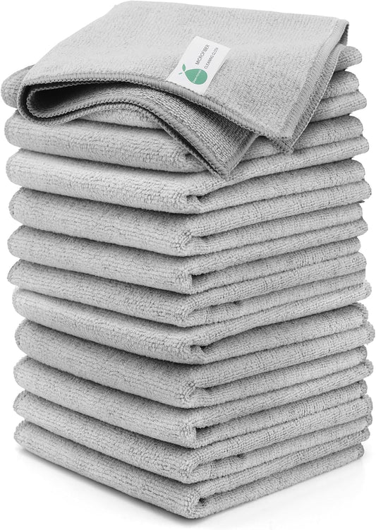 Microfiber Cleaning Cloths - 12 Pack, Grey, 12.2" x 12.2", Lint-Free, Streak-Free, Absorbent, Multi-Purpose, Heavy-Duty, Durable, Easy to Clean