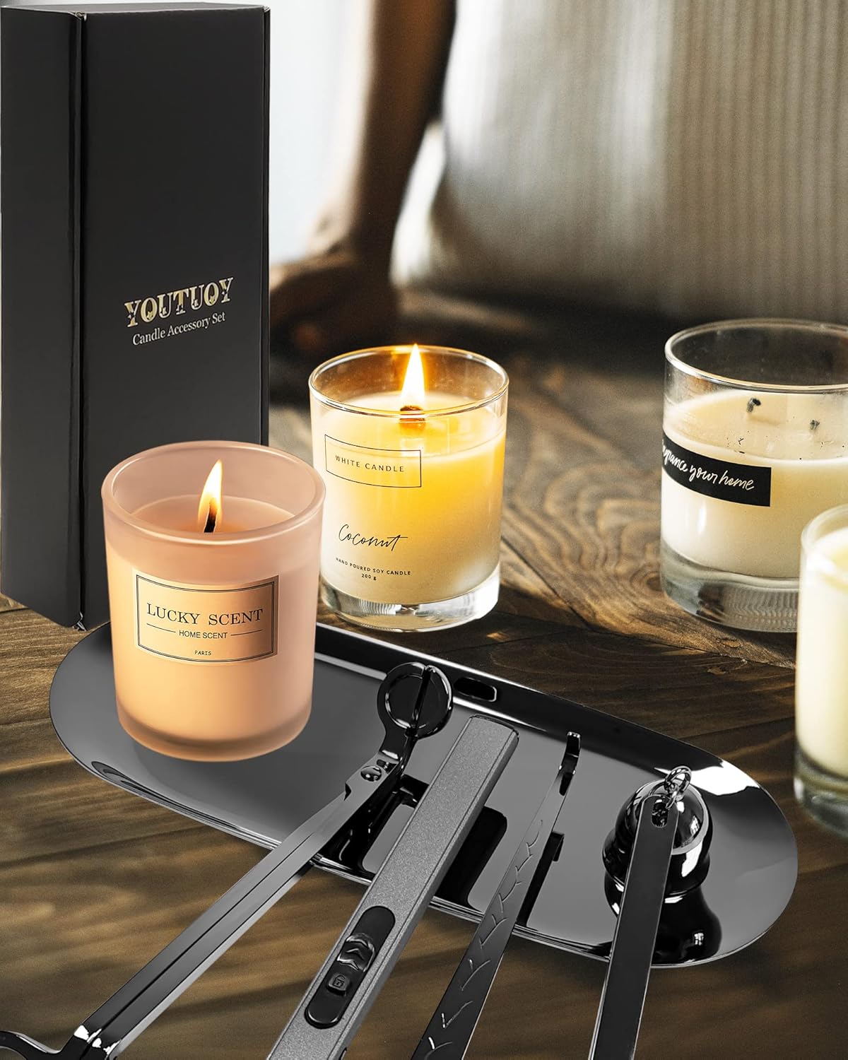 5 in1 Candle Accessory Set with Rechargeable Candle Lighter, Candle Wick Trimmer, Candle Wick Snuffer, Candle Wick Dipper, Storage Tray Plate, Candle Care Kit (Silver Black)