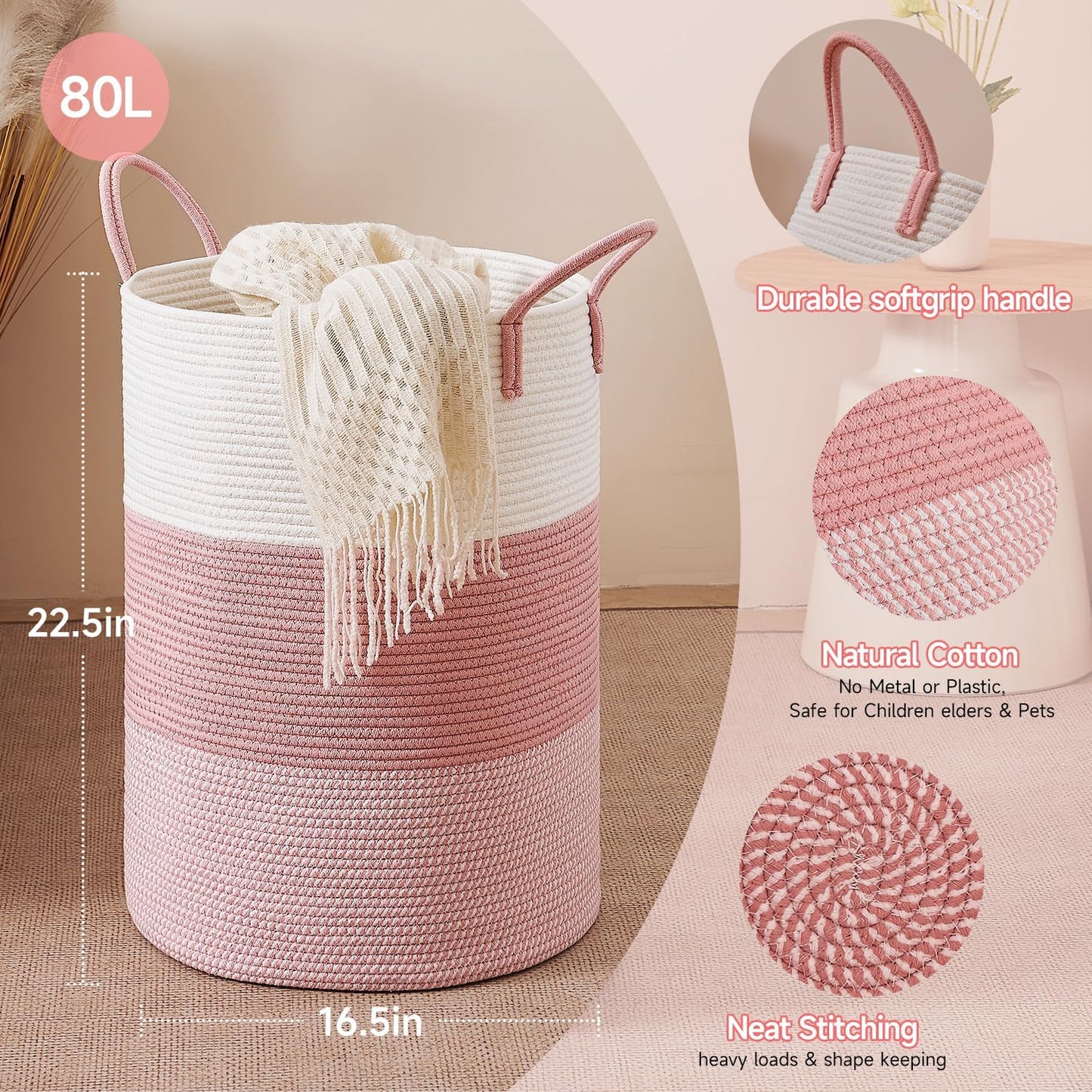 CLHMILY&Z 80L Laundry Basket Round Storage Rope Basket - 16.5x22.5 Inches - Pink Hamper in Bedreoom and Cute Storage Bin for Blankets, Toys, and Nursery Essentials