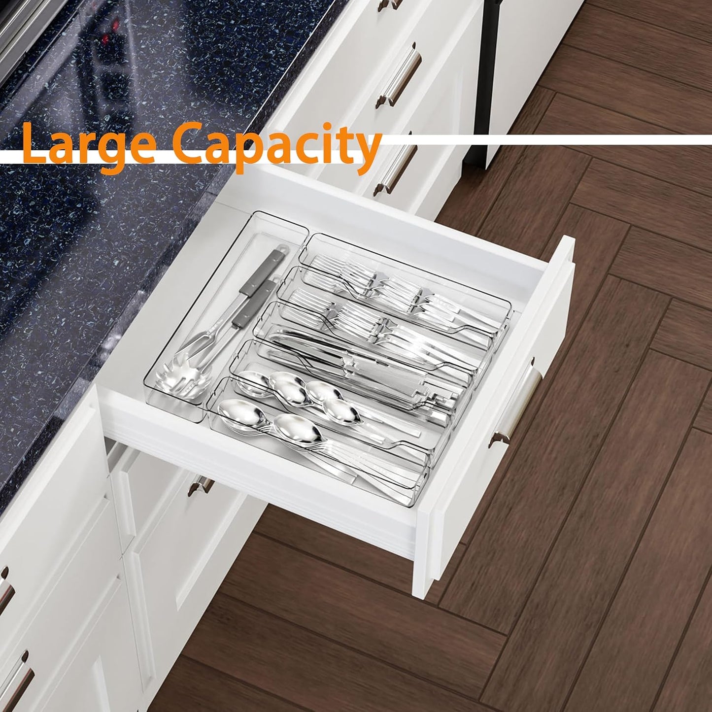 Silverware Drawer Organizer, Expandable Utensil Tray for Kitchen Drawers,BPA Free Flatware and Cutlery Holder,Adjustable Plastic Storage for Utensil like Spoons, Forks, Knives.Clear