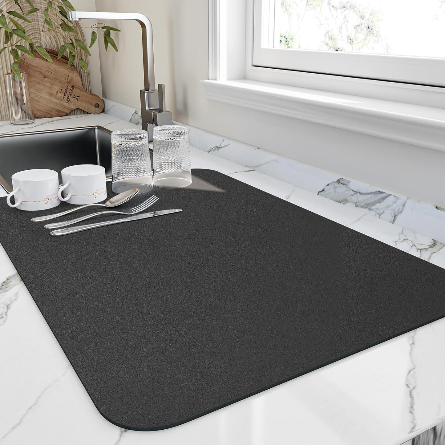 Dish Drying Mat for Kitchen Counter, Heat Resistant Drainer Mats with Non-slip Rubber Backed, Hide Stain Kitchen Super Absorbent Draining Mat, Easy to Clean Dish Rack Pad, Black 18"x28"