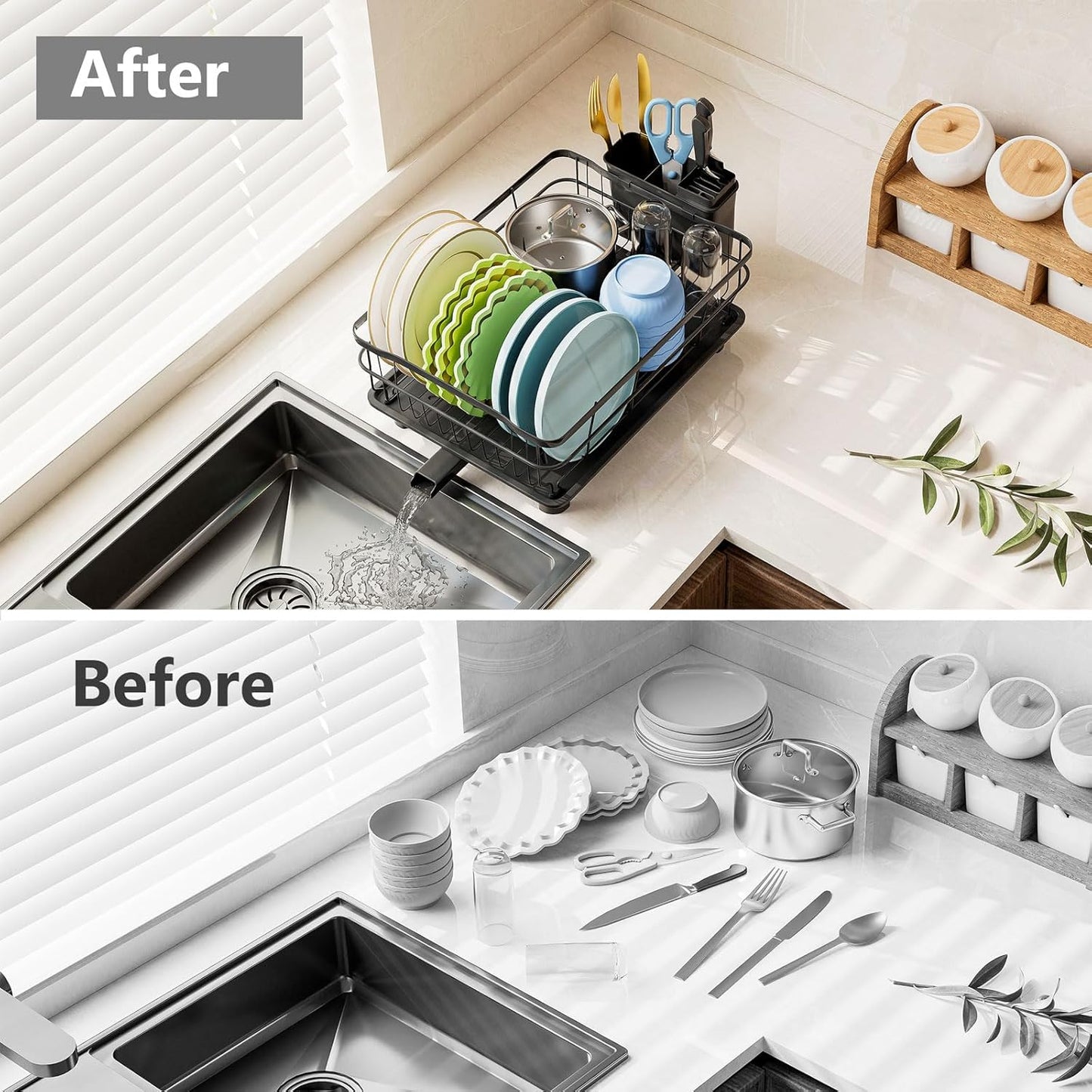 Iron Dish Drying Rack Auto Drain Dish Drainers Kitchen Counter Strainer with Draining Tray, All Black