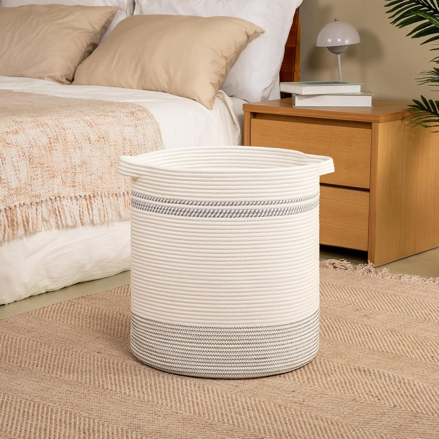 OIAHOMY 80L Laundry Basket, Laundry Hamper, Cotton Rope Storage Basket with Handles, Decorative Woven Basket for Living Room,Storage Baskets for Clothes, Blankets, and Toys -20''×18'', White&Gray