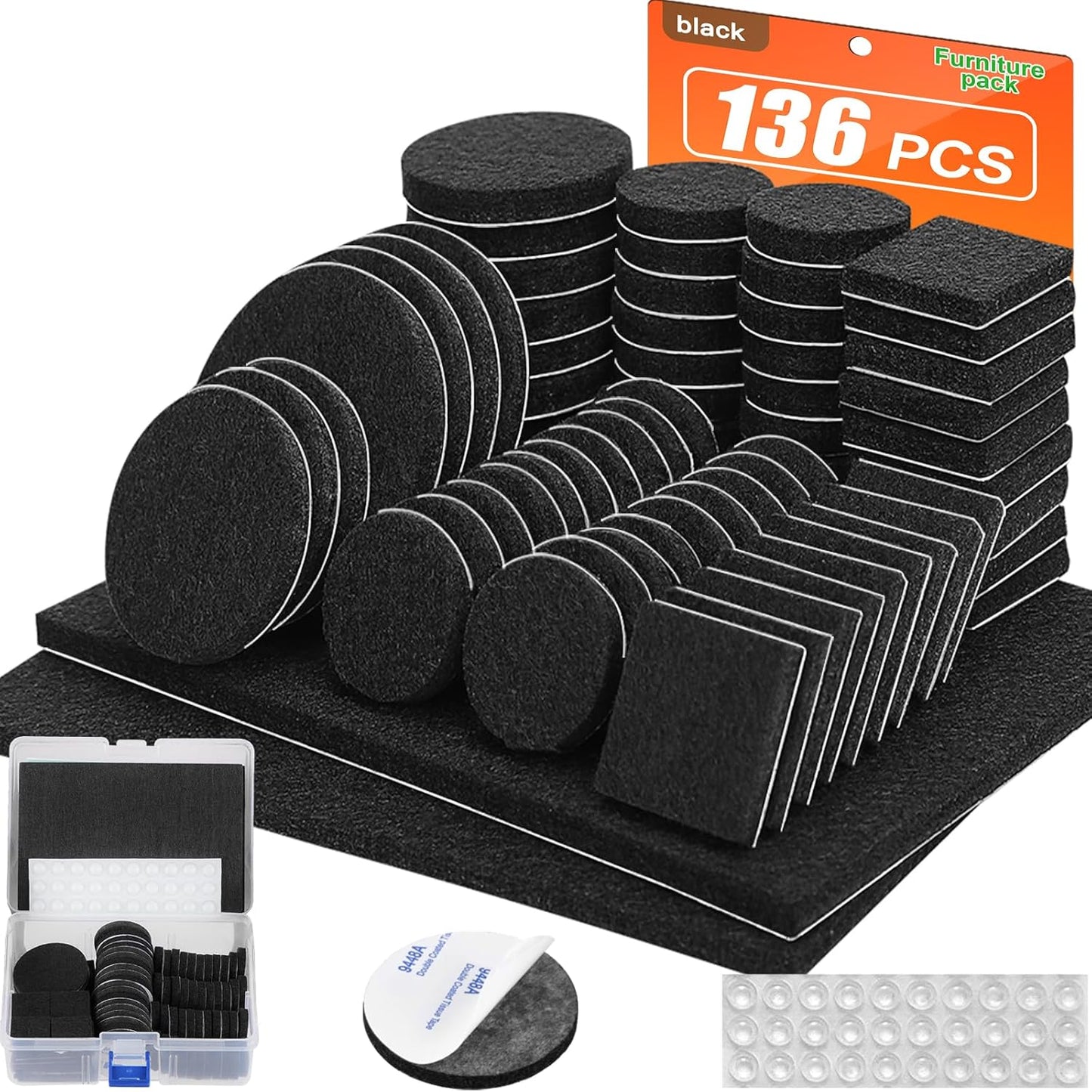 Felt Furniture Pads 136 Pieces, Felt Pads for Furniture Black 5mm Thick, Floor Savers for Furniture Anti Scratch, Best Floor Protectors with Case for Hardwood Floors