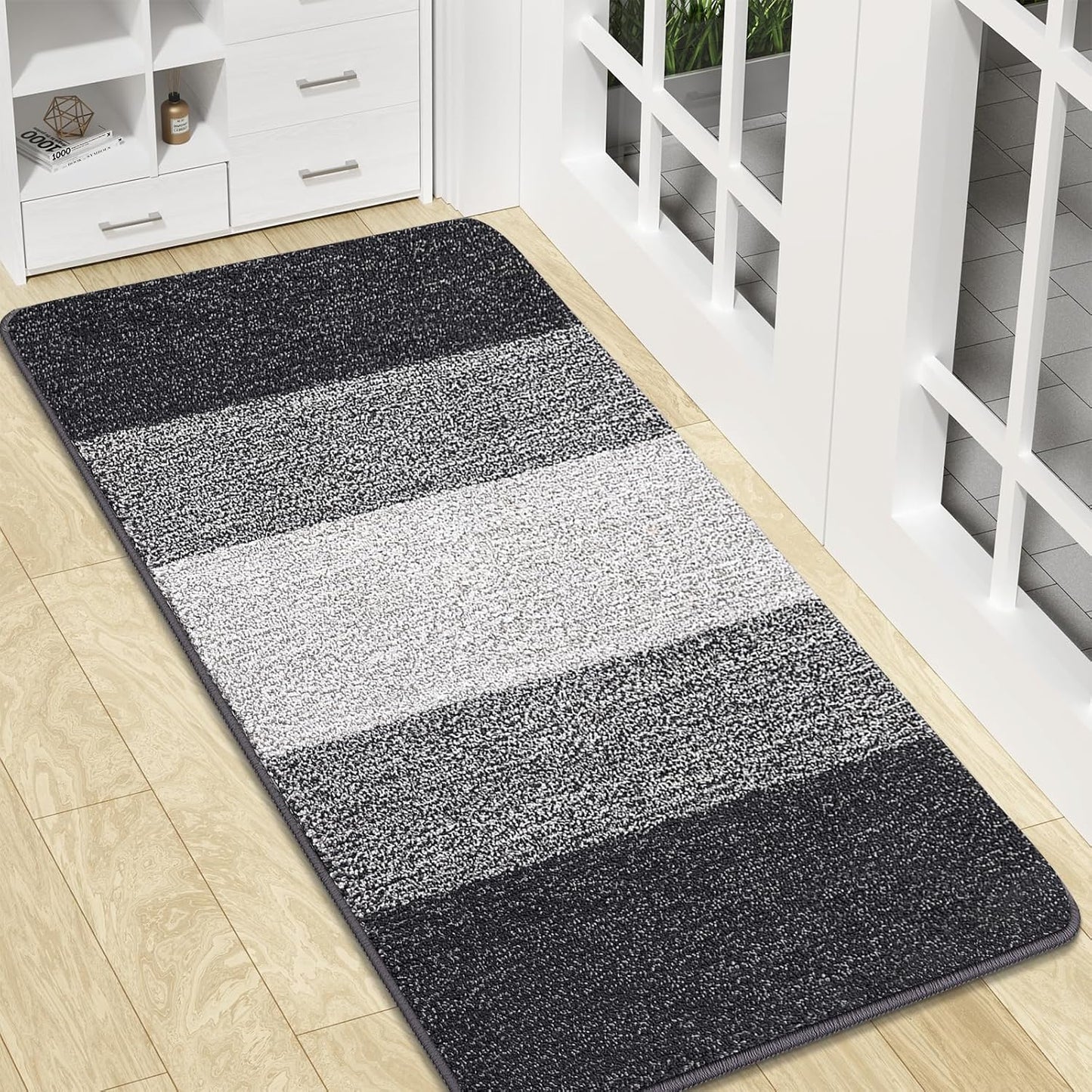 Kitinjoy Indoor Outdoor Door Mat, 47x20 Non-Slip Absorbent Dirt Trapper, Low-Profile Washable Inside Entrance Front Floor Mat, Sturdy Soft Entry Doormats for Entryway, Grey