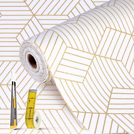 Shelf Liners for Kitchen Cabinets Non Adhesive Shelf Liner Paper Non-Slip Thickened Drawer Liner Easy to Clean for Tool Box Refrigerator with Knife and Tape Measure, Gold Geometric, 17.3 x 236.2 in