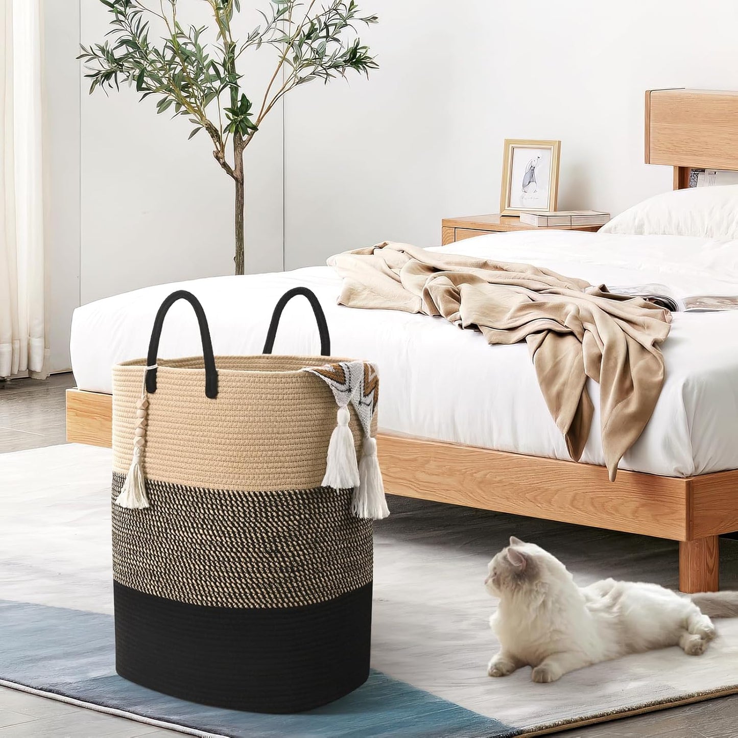 Woven Laundry Basket for Clothes, 100 L Large Rectangle Laundry Hampers, Nursery Storage Basket for Toys, Tall Dirty Clothes Hamper for Bedroom Aesthetic, Bathroom, Laundry Room