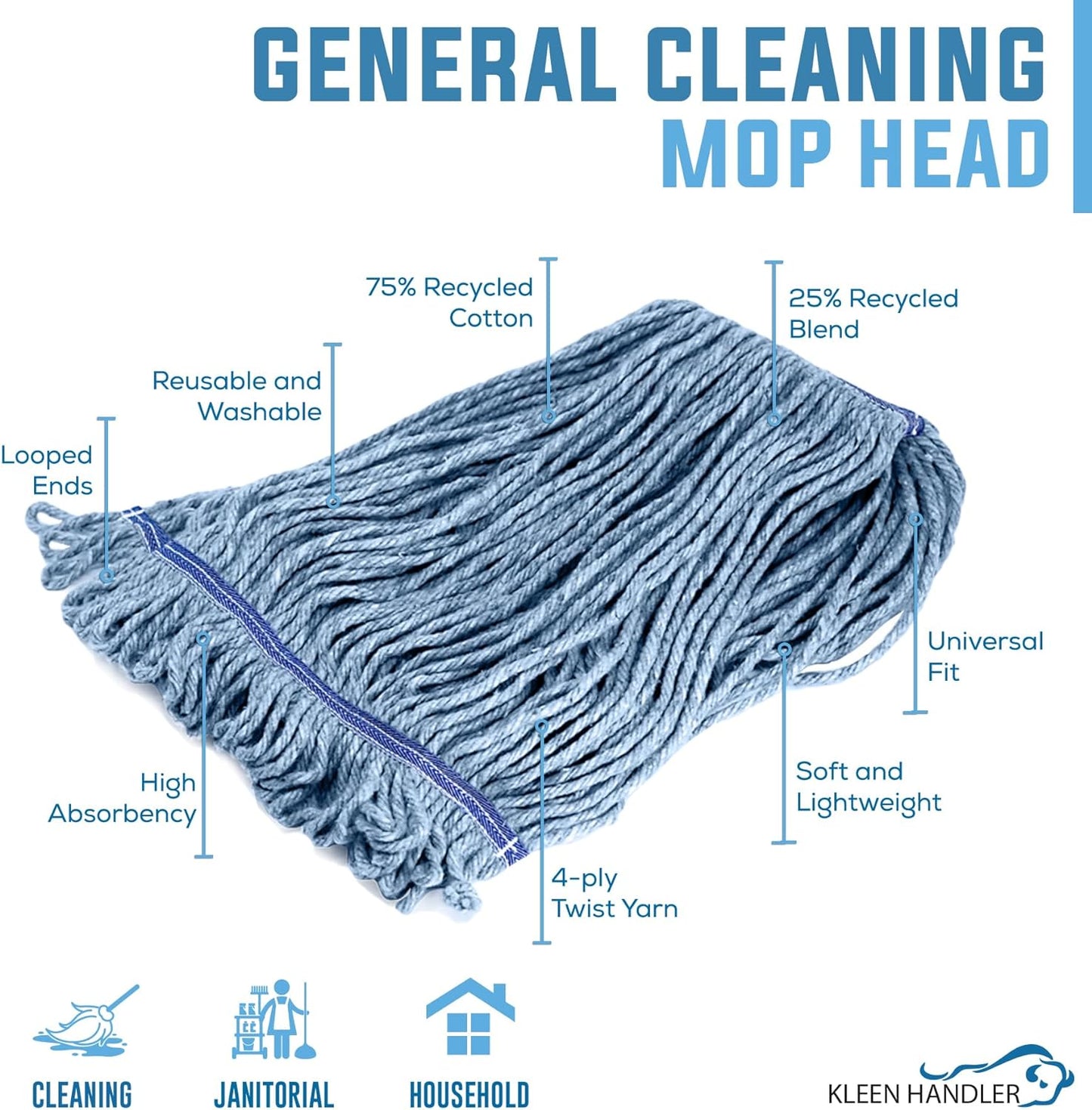 KLEEN HANDLER HEAVY DUTY Commercial Mop Head Replacement, Wet Industrial Blue Cotton Looped End String Cleaning Mop Head Refill (Case of 24)