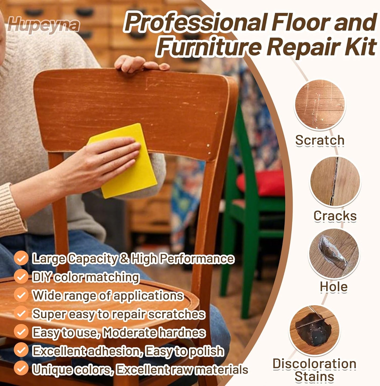 Wood Repair Kit, Wood Furniture Repair Kit, Wood Filler, Wood Putty and Beeswax- Repair Stains, Scratch, Cracks, Hole, Discoloration for Wooden Door, Table, Cabinet, Bed, Floor (Brown Series)