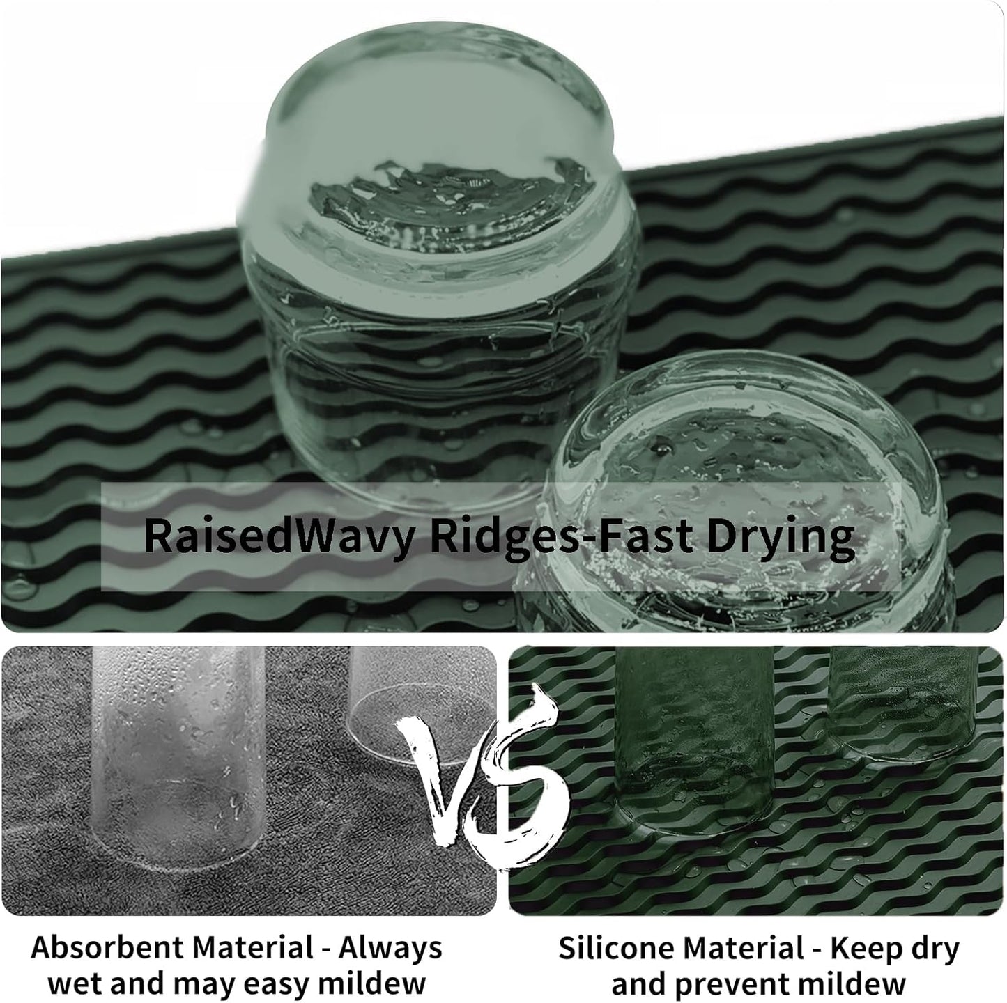 ZLR Silicone Dish Drying Mat for Kitchen Counter, Eco-Friendly Fast Dry Dish Mat, Easy Clean Multi Usage Drying Matt, Heat Resistant Trivet, 12" x 12" Middle, Dark Green