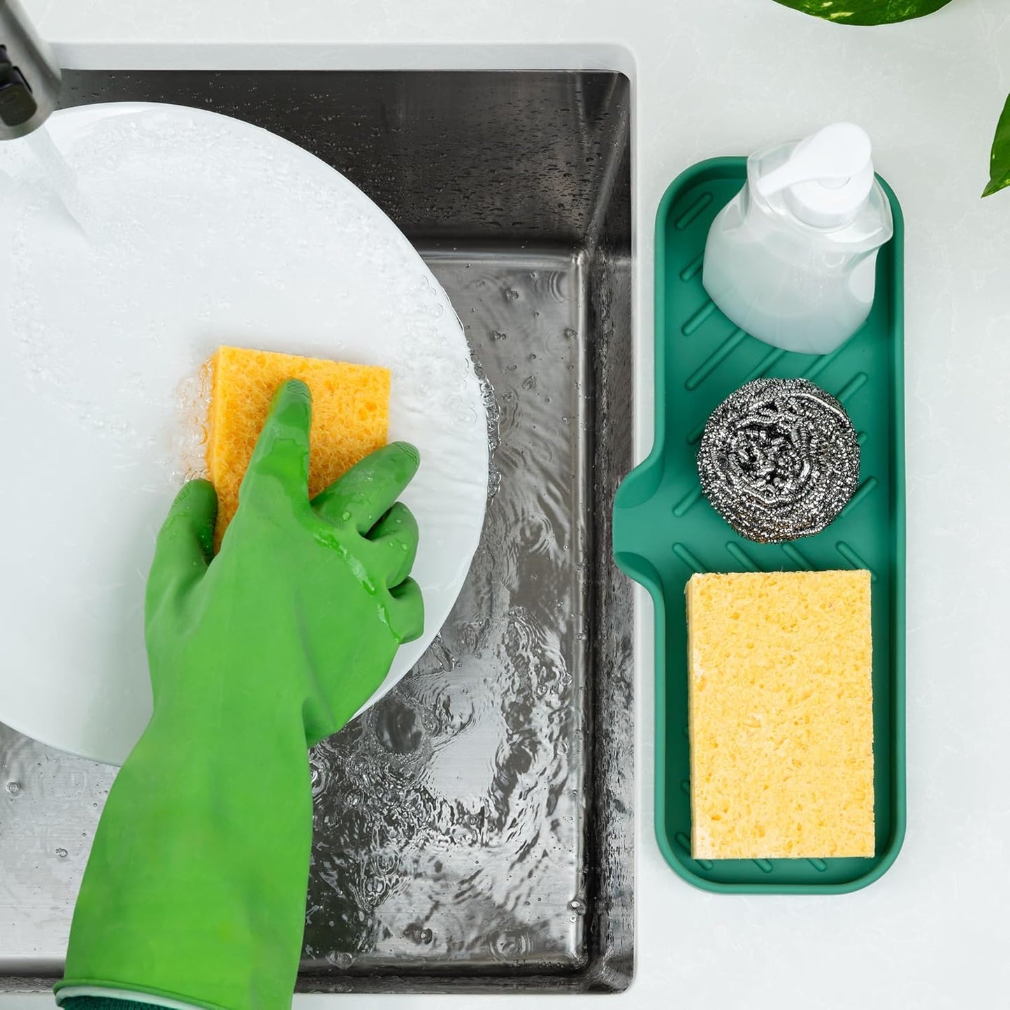 Zulay Kitchen Large Silicone Sponge Holder (12x4) – Flexible Sink Organizer Tray for Kitchen & Bathroom – Multipurpose Soap Dish for Sponges, Makeup, Trinkets & More (Pine Green)