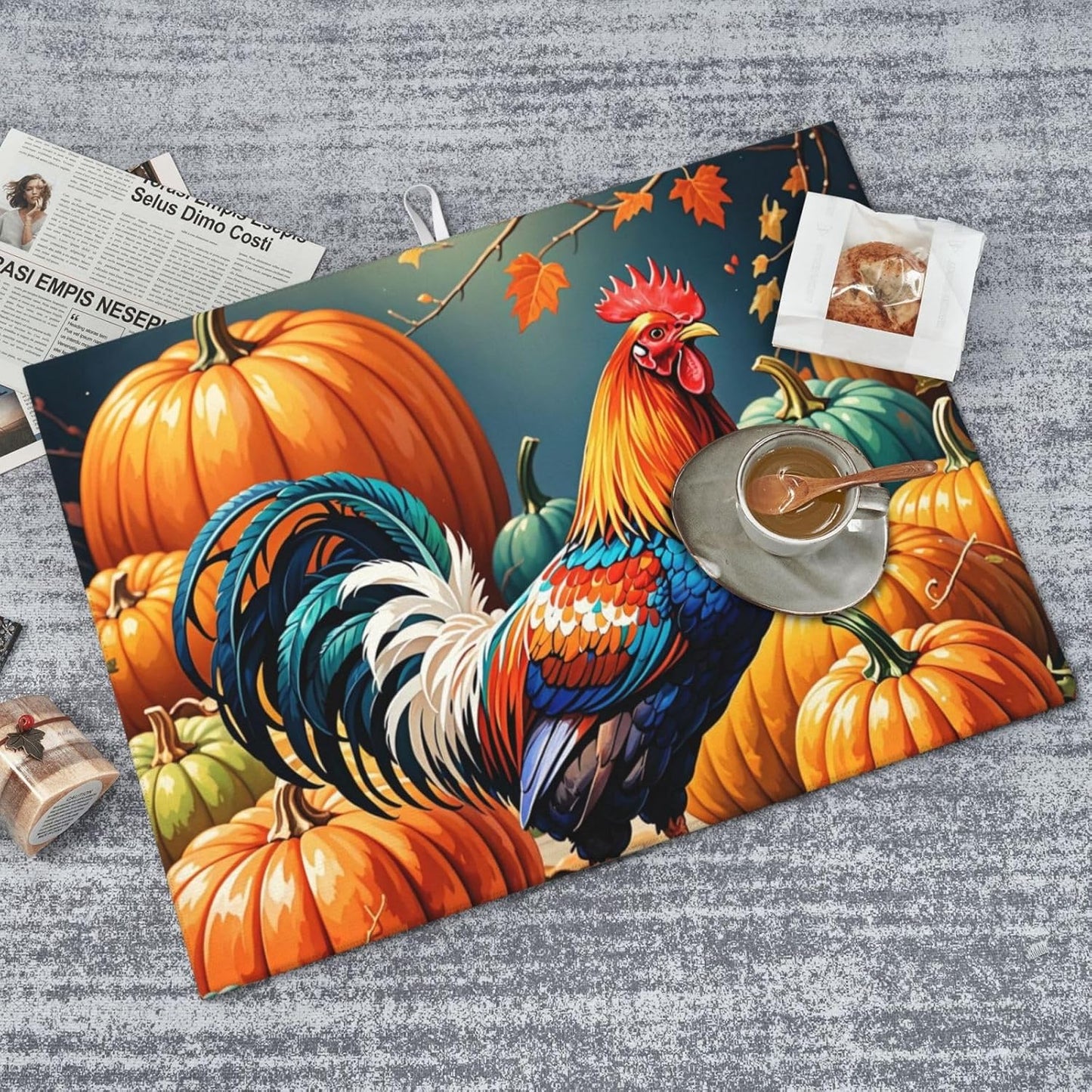 Rooster Pumpkin Dish Drying Mat Highly Absorbent Double-Sided Microfiber with Hanging Loop Reversible Drain Dish Rack Mat Drain Mat Suitable for Kitchen Countertop Coffee Bar 18 x 24 Inch