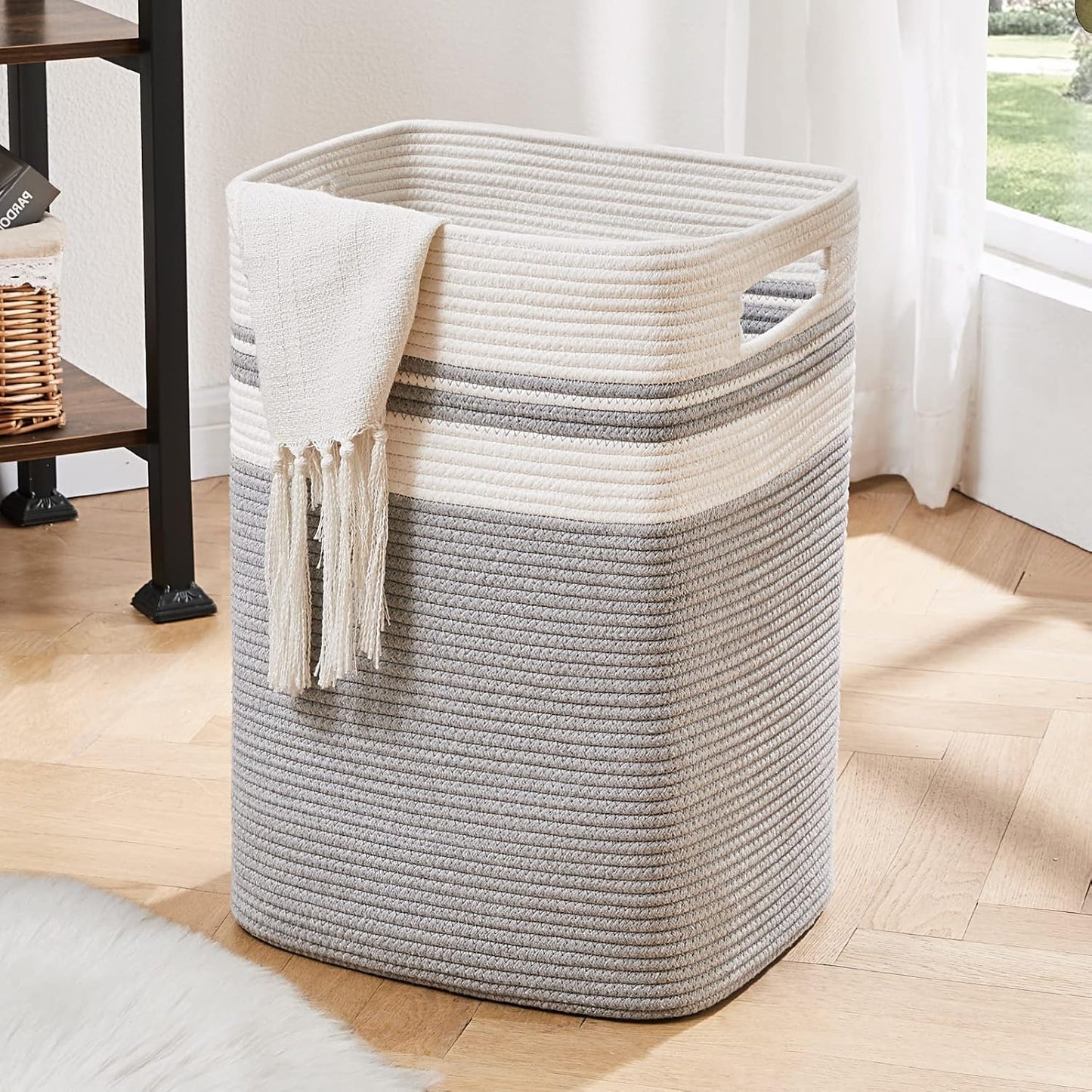 OIAHOMY Laundry Hamper, Tall Cotton Decorative Blanket Storage Basket with Handles for Living room,Collapsible Large Baskets for Toys,Pillows,Clothes Organizer-16x13x22in-Gray